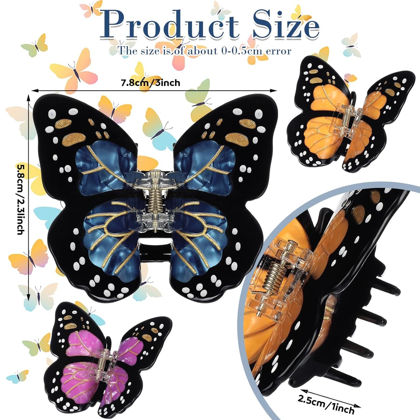 Monarch Butterfly Hair Clips - 3D Nonslip Claw Clips for Women | 3 Colors: Orange, Purple, Blue