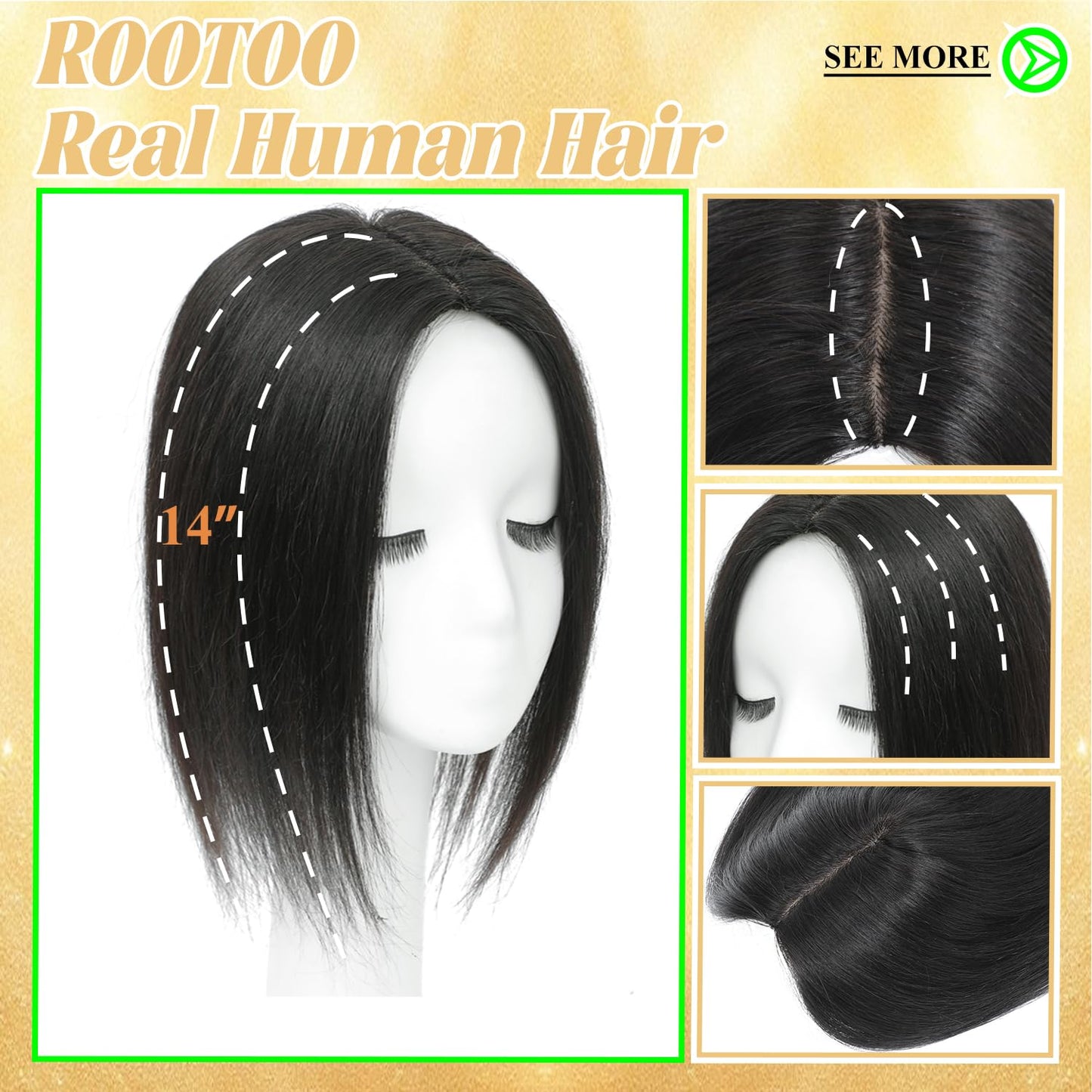 Rootoo Hair Toppers for Women Real Human Hair, 14 Inch Realistic Biological Scalp Topper Hair Pieces for Women with Thinning Hair, Clip in Curtain Bangs Big Base 360° Cover (Black, 14 Inch)