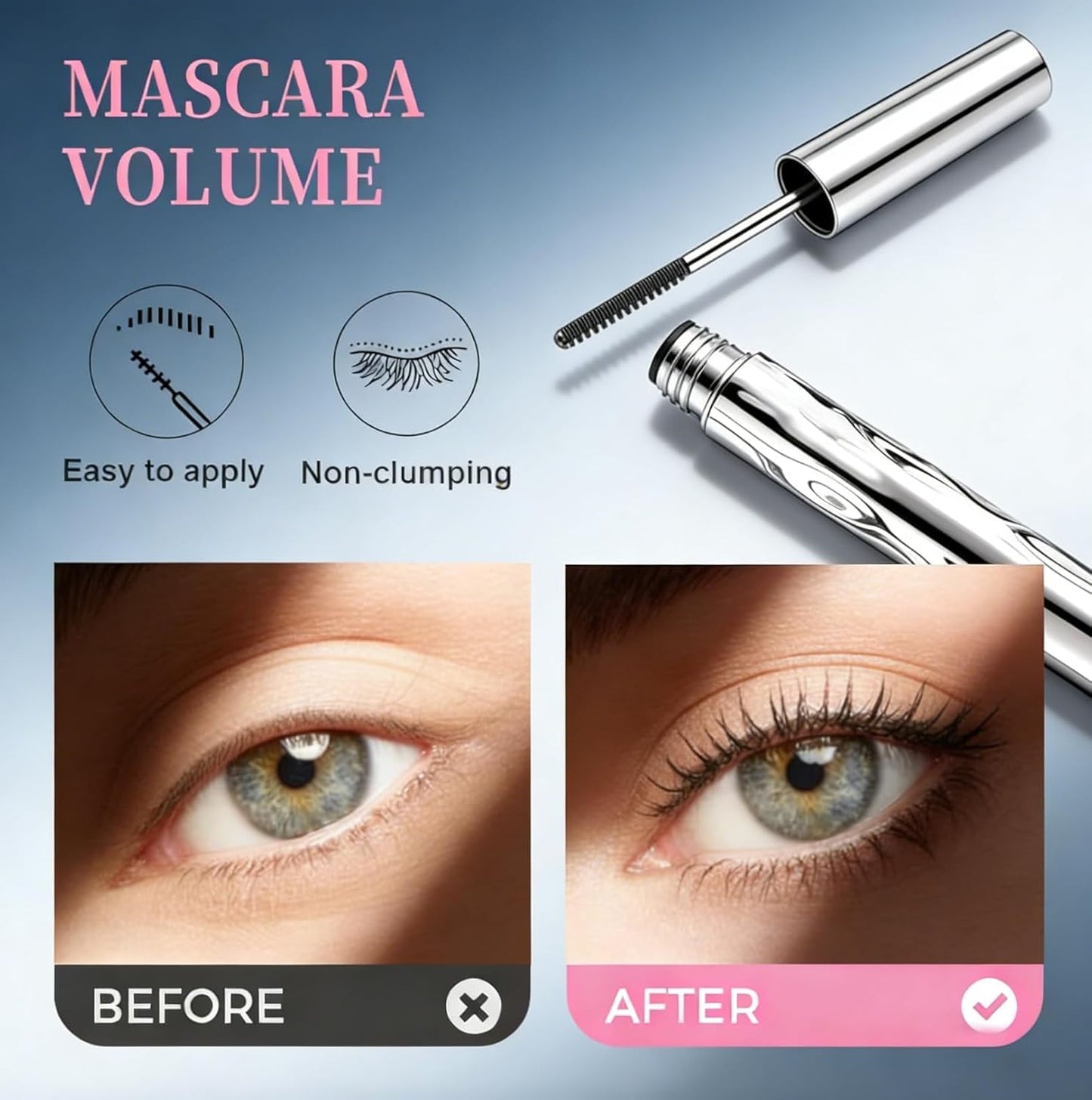 Metal Wand Mascara - Waterproof Tubing Formula for 3D Curling & Volumizing | Long-Lasting Black Finish