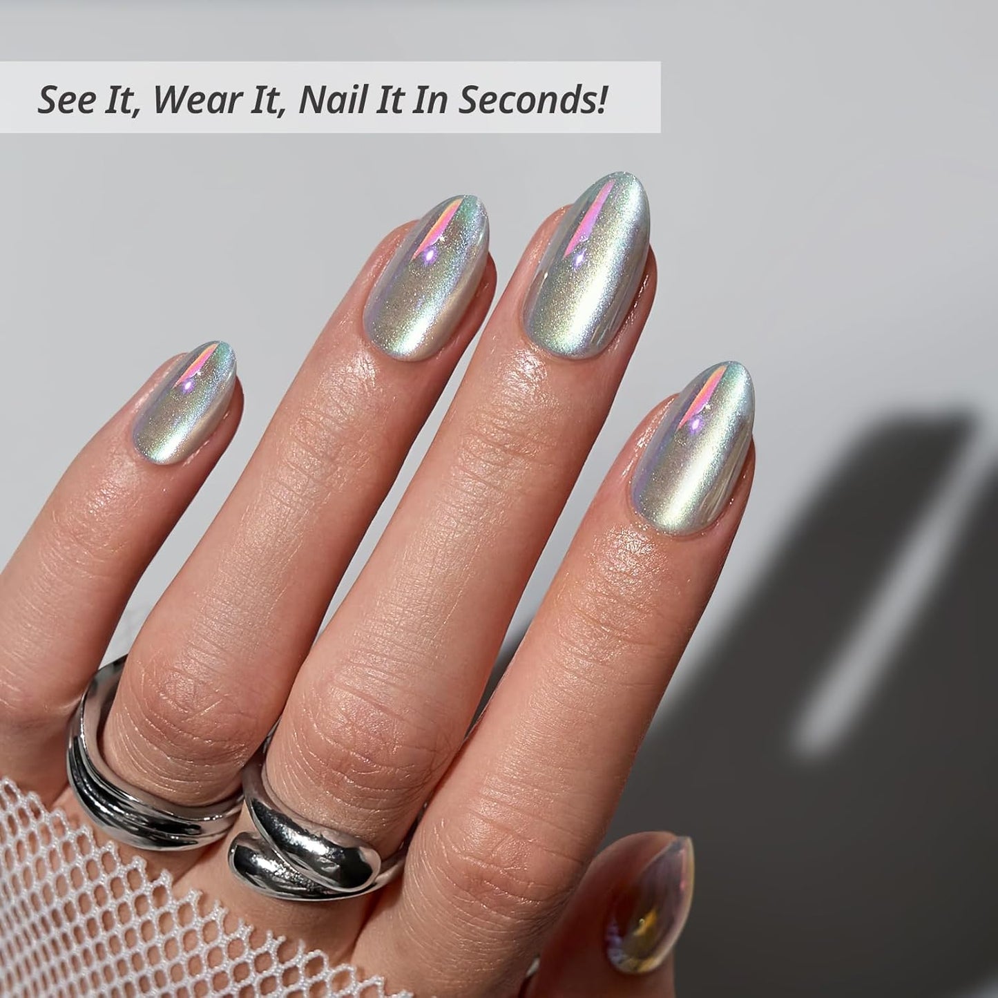 Press On Nails - Chrome Cat Eye Almond Design | 32 Piece Soft Gel Nail Kit in 16 Sizes