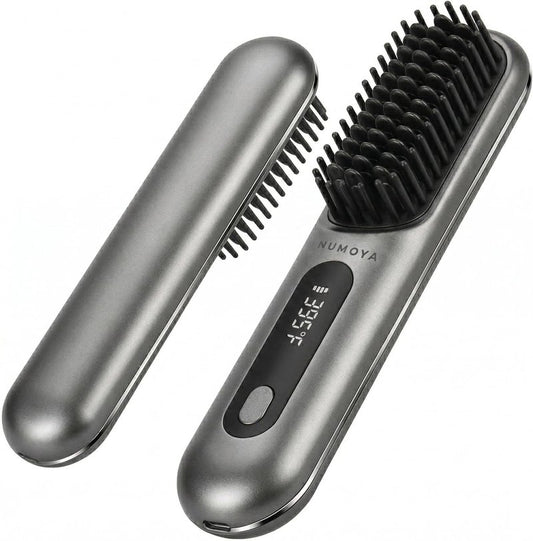 Portable Cordless Hair Straightener Brush - Fast Heat in 30s, 3 Temp Settings | Travel-Friendly Gray Design