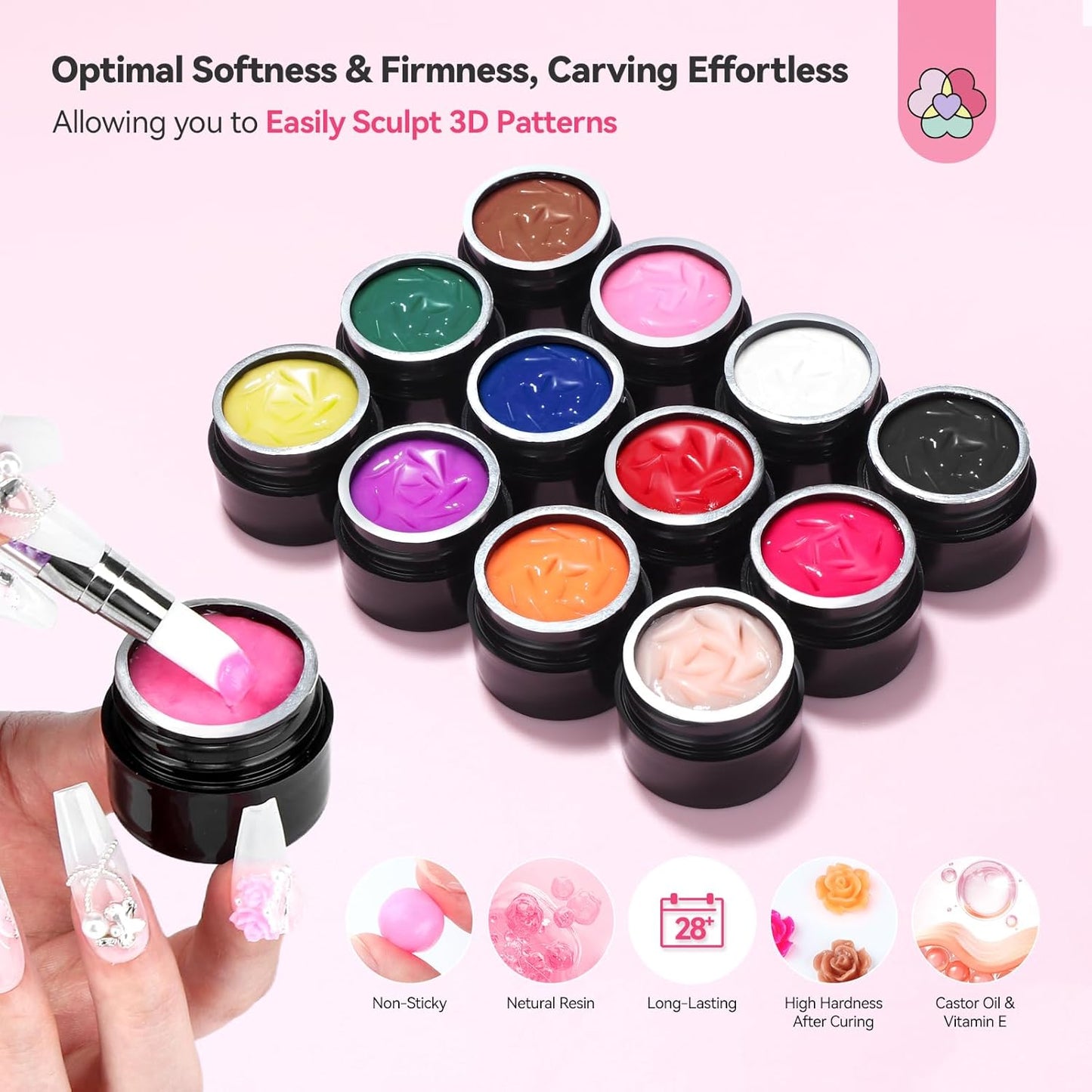 3D Nail Gel Set - 12 Colors Non-Sticky Soak Off Sculpting Gel | Nail Art Painting & Carving Tools for Home Salon DIY