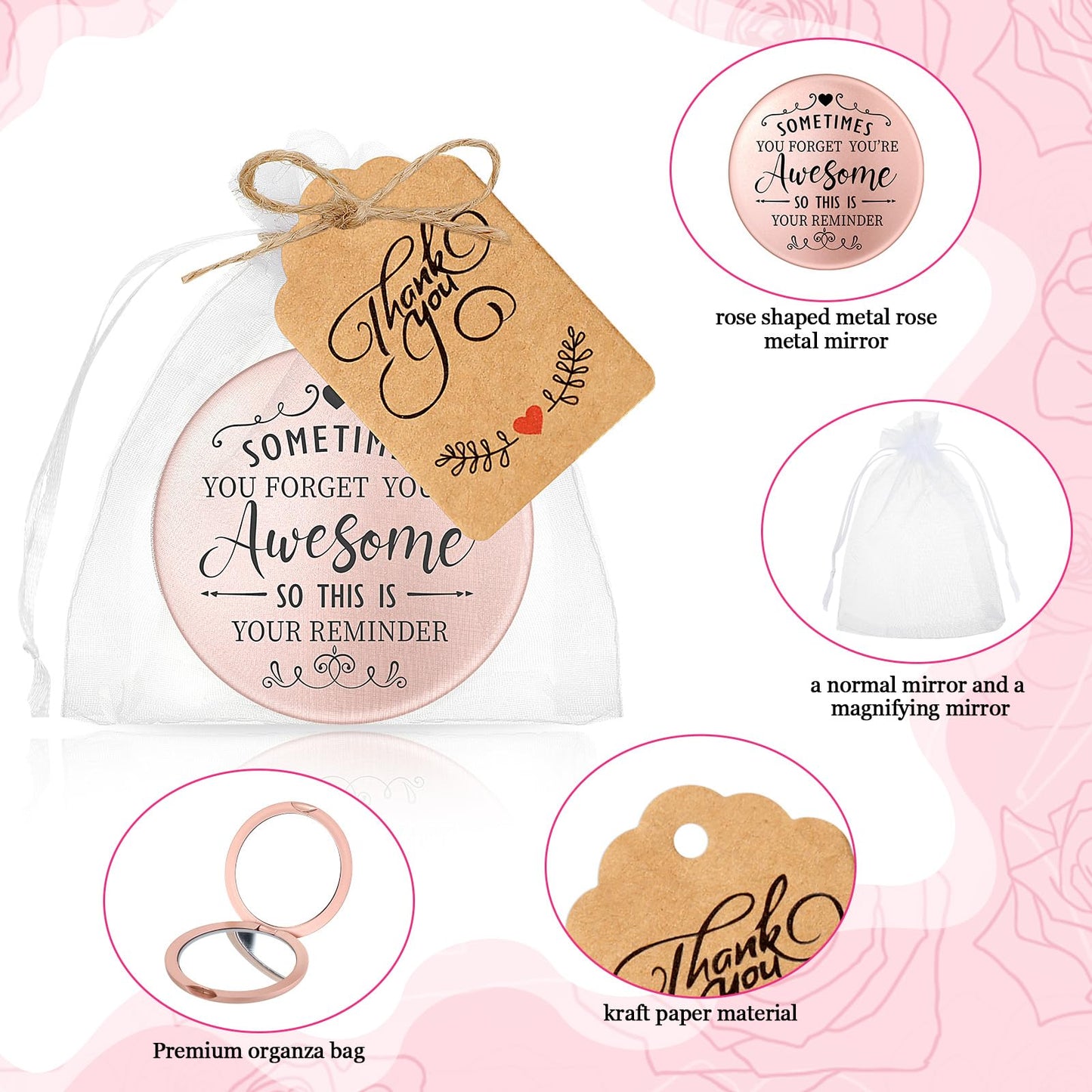 Soaoo 24 Set Inspirational Compact Mirror Bulk Metal Round Shell Sometimes You Forget Your Awesome Gifts for Women Appreciation Double-Sided Purse Mirrors Employee Coworker Wedding Gift