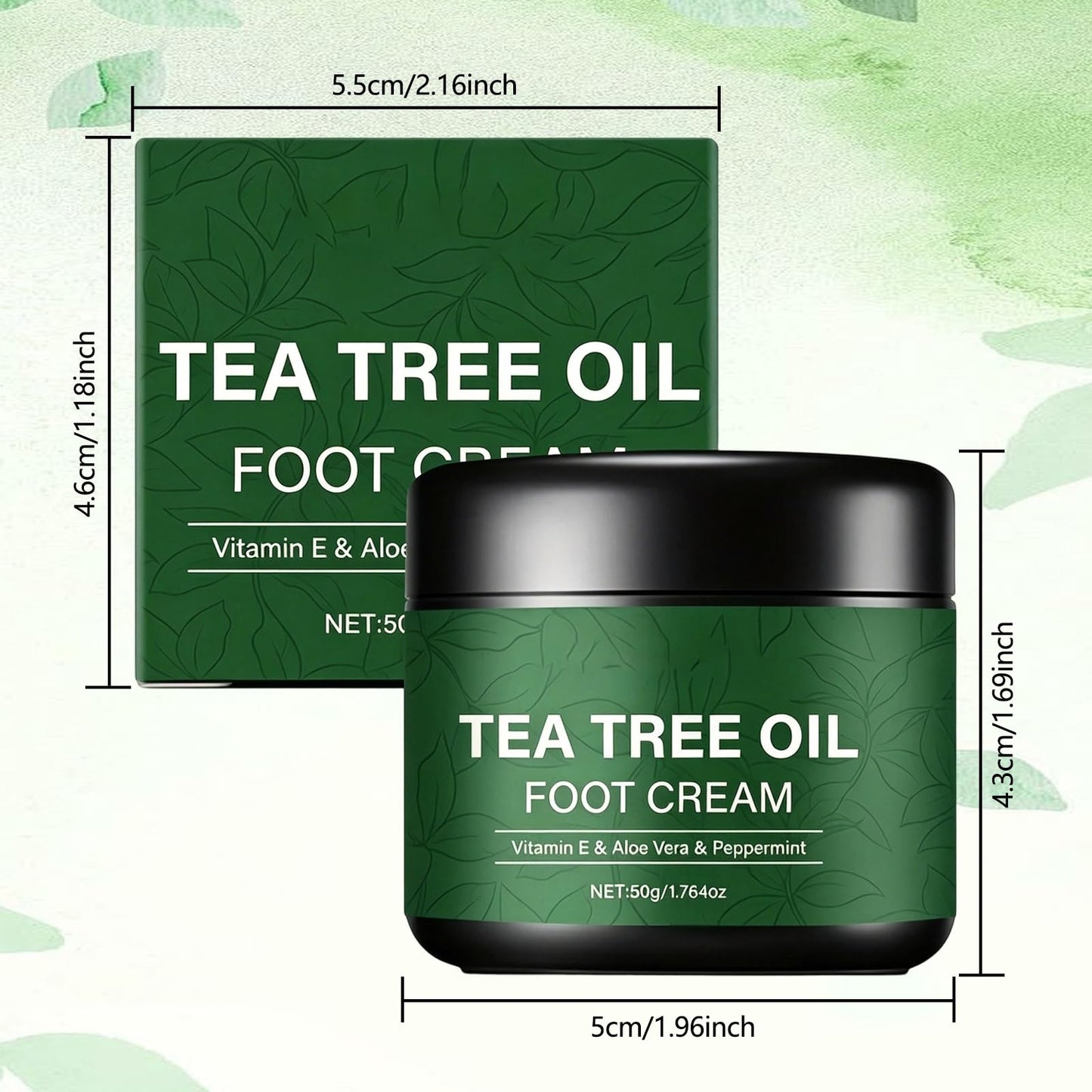 YADUO 2Pcs Pure Tea Tree Oil Foot Cream with Vitamin E, Aloe Vera & Peppermint, Nourishing & Hydrating, for Dry Cracked Feet, Hands, Heels, Elbow, Nails, and Knees, Smooth Application-50g/1.764oz