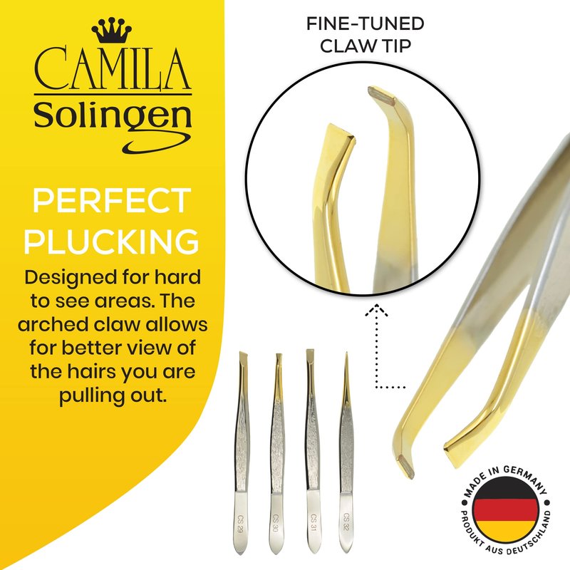 Camila Solingen CS30 3.5 Inches Gold Tipped, Surgical Grade, German Carbon Steel Tweezers (Claw) - Flawless Eyebrow and Facial Hair Shaping and Removal for Men/Women