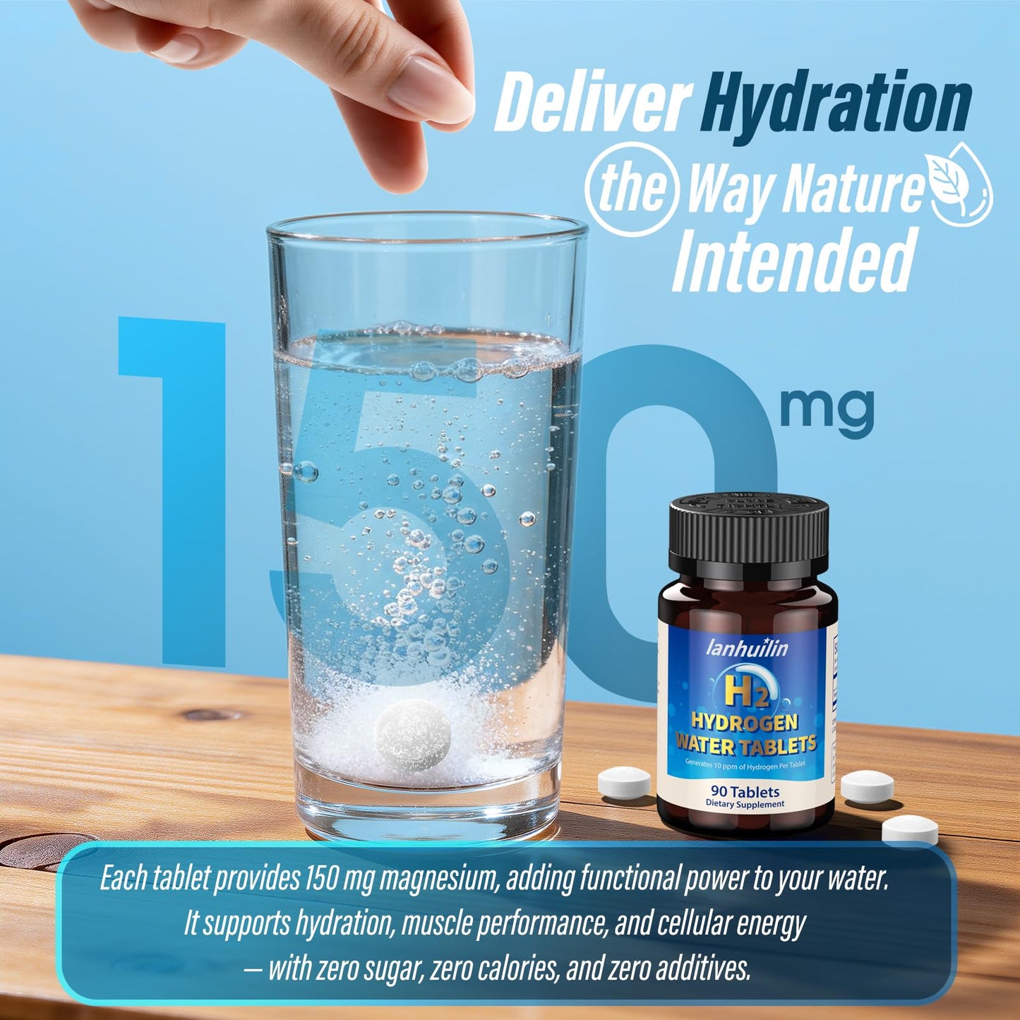Hydrogen Water Tablets with 150MG Magnesium, 10 PPM H2 Hydrogen Tablets for Drinking Water, Rich in Antioxidants, Supports Cellular Health, Recovery, Immune & Brain Cognitive Function (90 Servings)