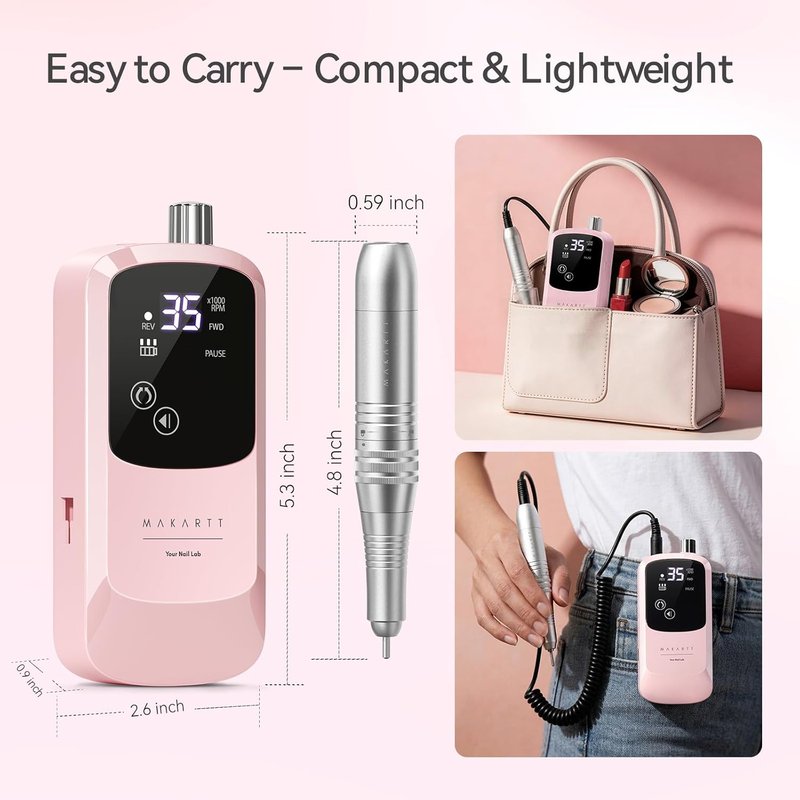 Rechargeable Electric Nail Drill - 35000 RPM Cordless Efile with LED Display & Storage Stand | Pink Manicure Kit for Beginners