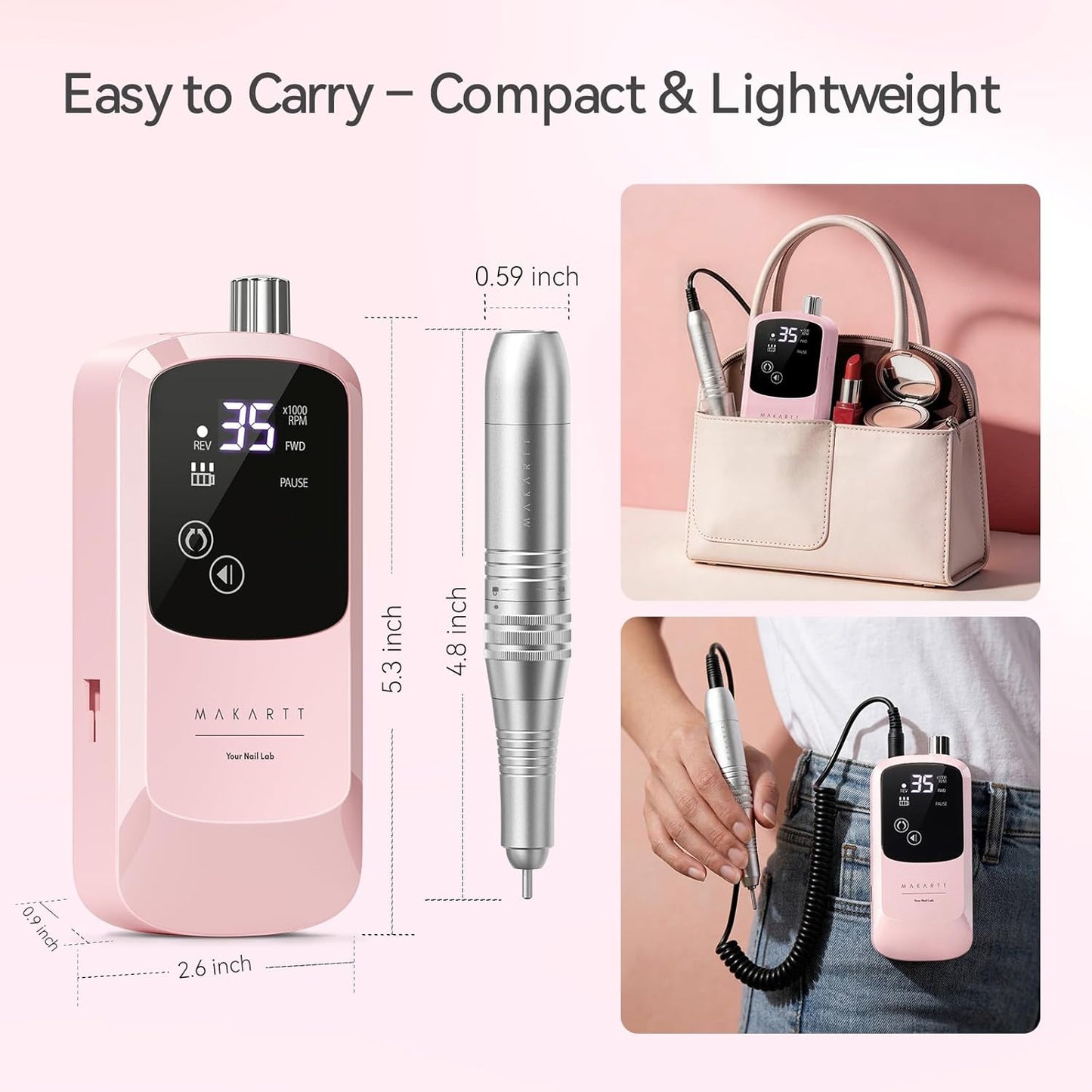 Rechargeable Electric Nail Drill - 35000 RPM Efile for Acrylic Gel Polishing | Cordless with LED Display & Storage Stand (Pink)