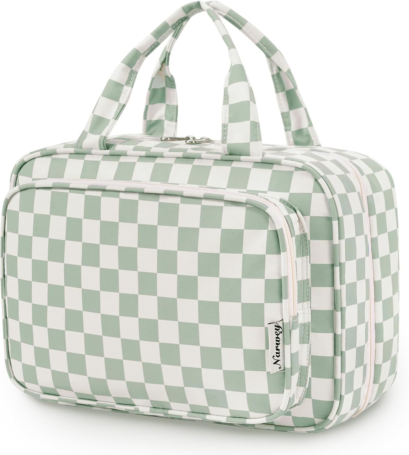 Hanging Toiletry Bag for Women - Travel Makeup Organizer with Light Checkerboard Design | Medium Size