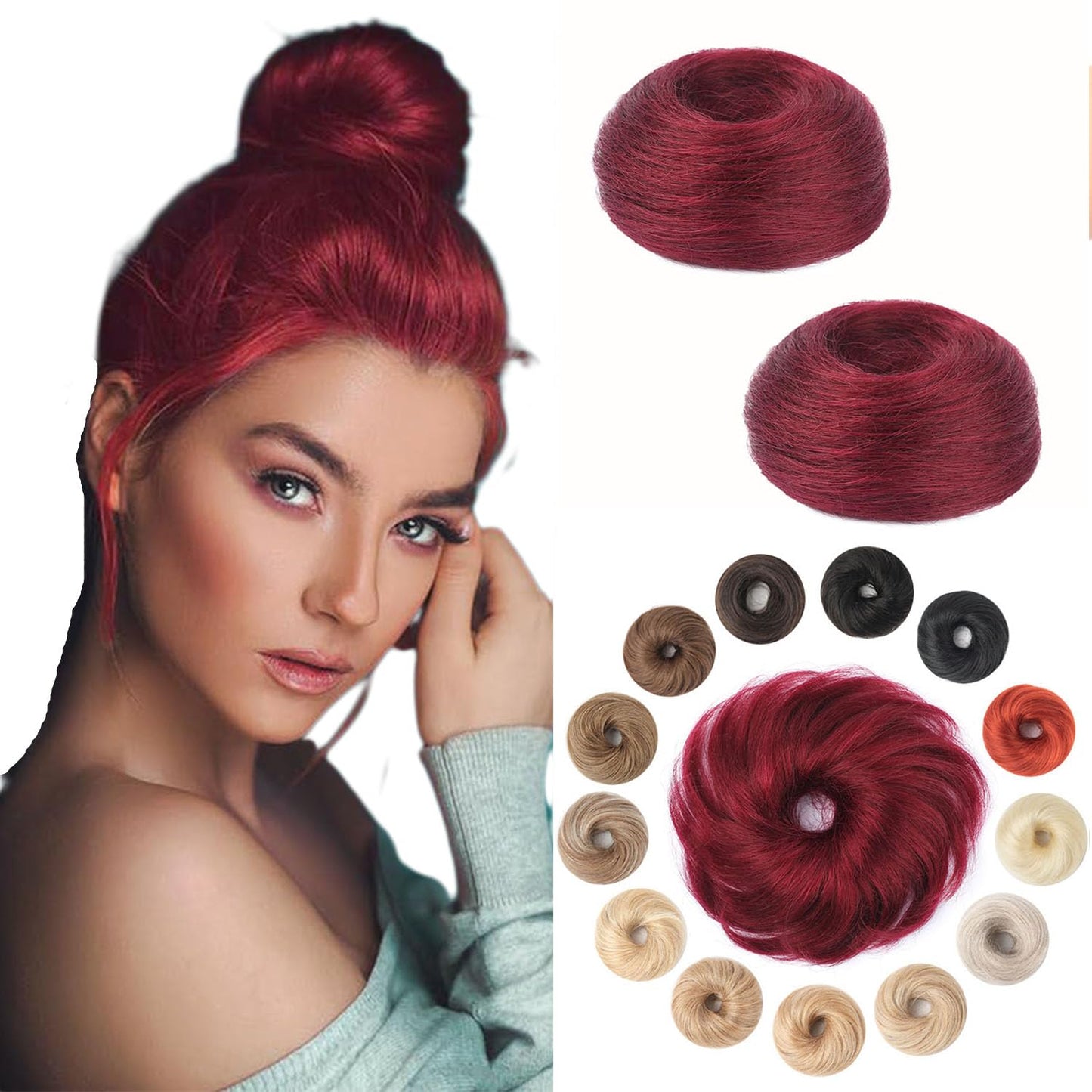 KISANOF Messy Bun Hair Piece Human Hair Red Wavy Tousled Stretchy Fluffy Donut Updo Elastic Rubber Band HairPiece Ponytail Extensions for Women(2 Count #99J Burgundy
