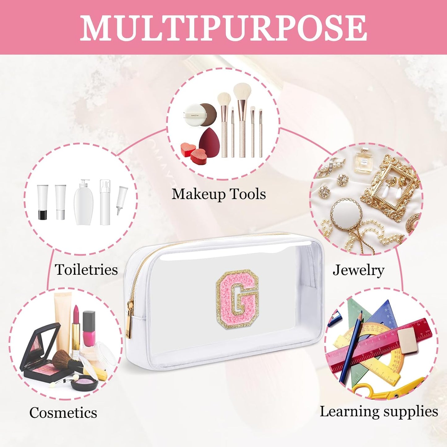 Personalized Initial Makeup Bag - Waterproof Nylon Cosmetic Pouch | A-Z Chenille Letter Patch, White-Pink G