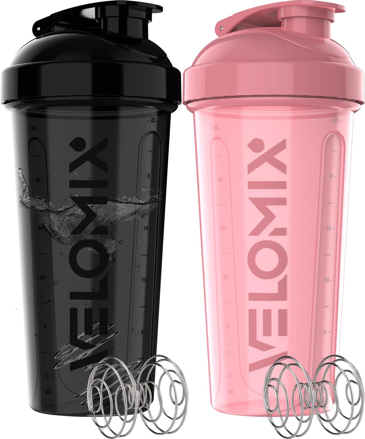 Protein Shaker Bottles - 28 oz Leak Proof Shaker Cups with 2 Wire Whisks | 2-Pack (Black/Transparent)
