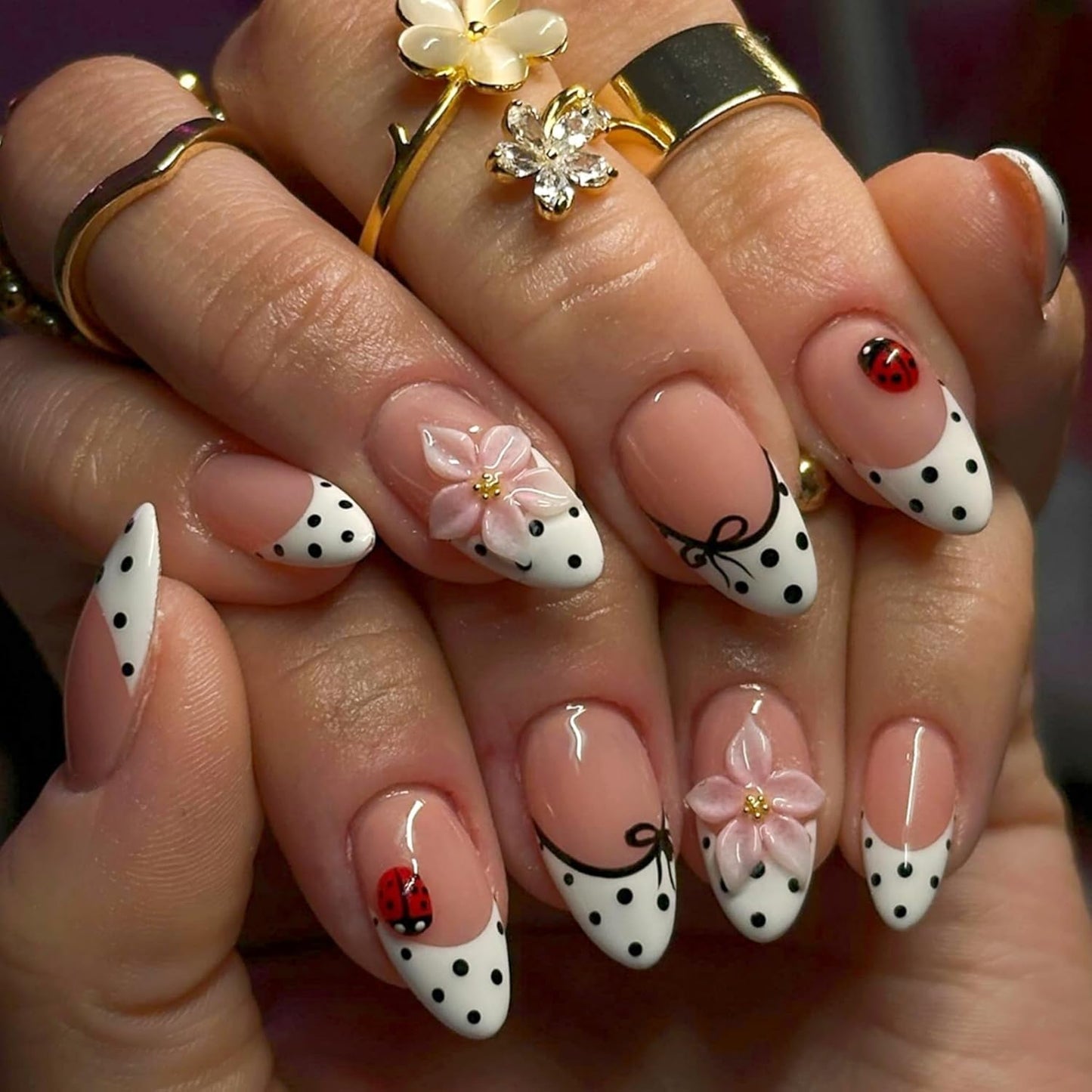 Almond Press-On Nails - Ombre French Tip with Butterfly Designs | 24 Pcs Set for Women