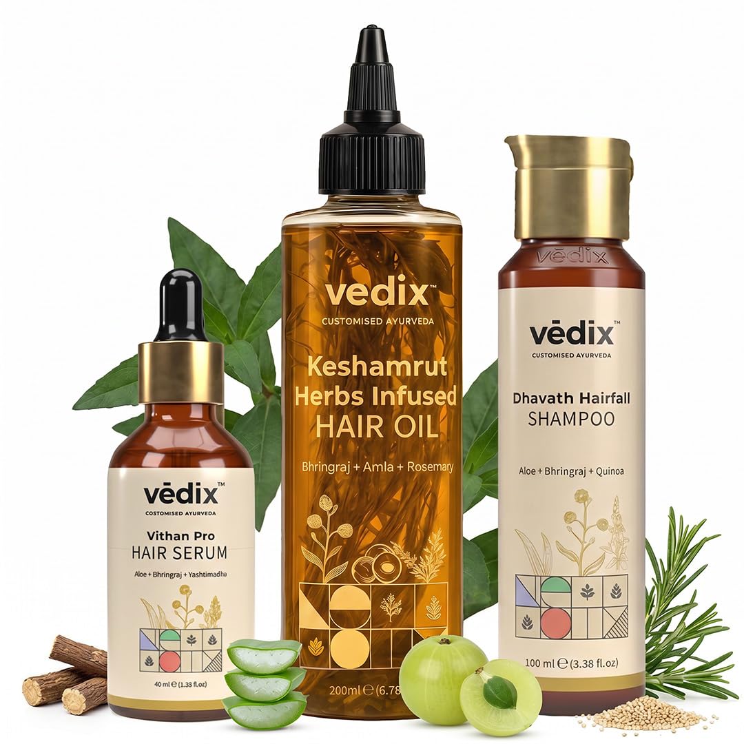 Vedix Keshamrut Hair Care Combo With Keshamrut Herbs Infused Hair Oil, Davath Hairfall Shampoo and Vithan Pro Hair Growth Serum (100 ml + 200 ml +40ml)