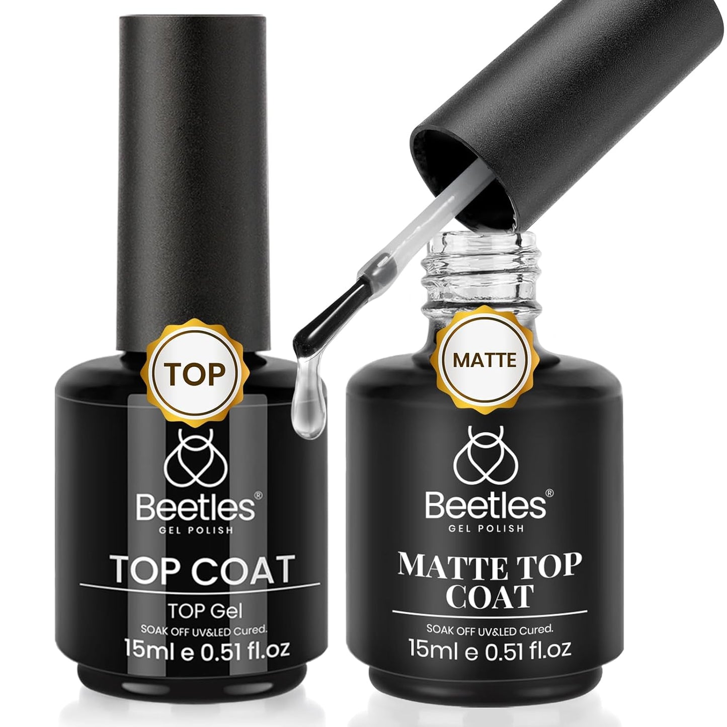 Beetles Nail Glue Set - 3Pcs 15ml HEMA-Free Base Gel & No Wipe Top Coat for Long Lasting Nail Extensions | UV/LED Cured