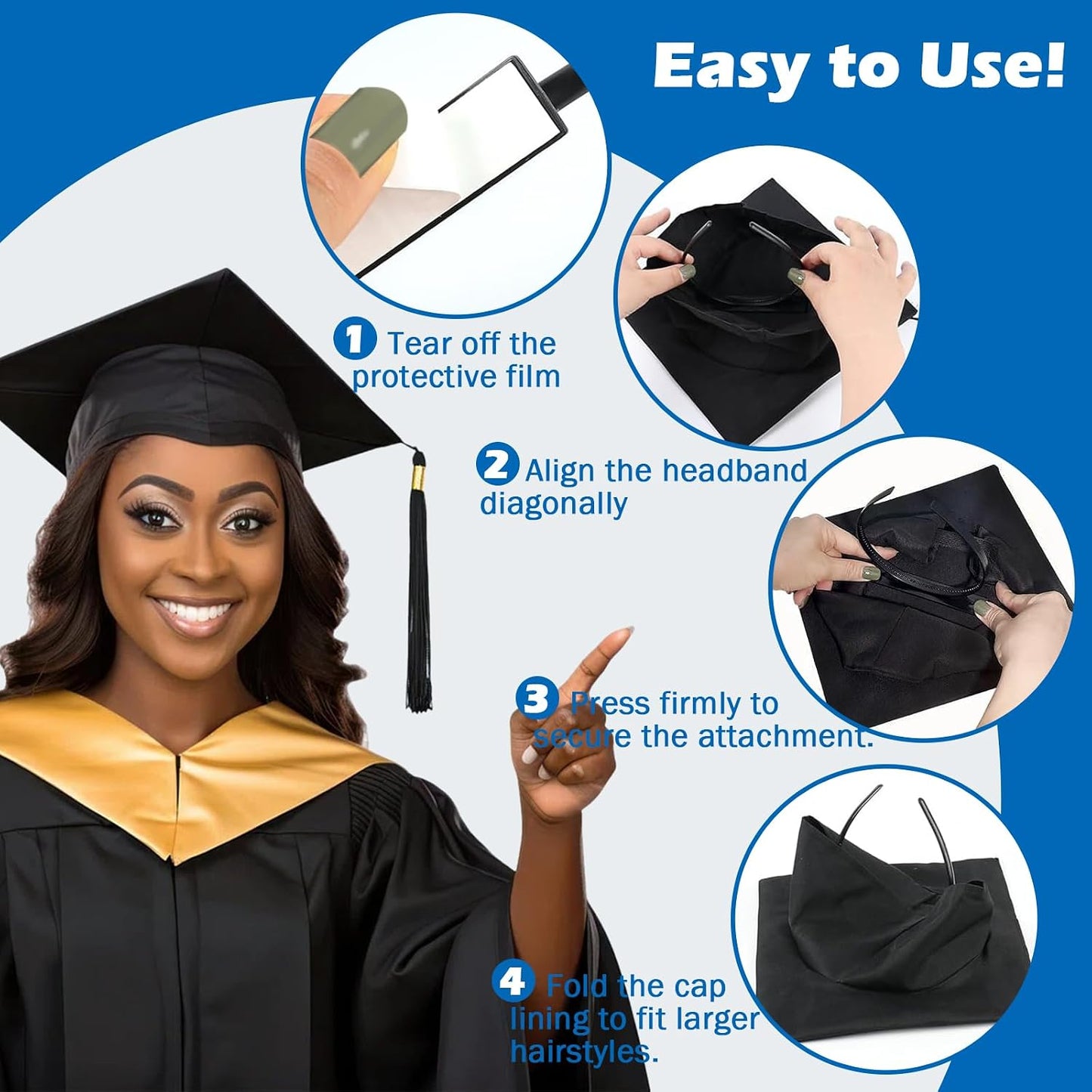 Black Graduation Cap Headband - Pro-Grip Stabilizer for Secure Fit | 2-Pack Unisex