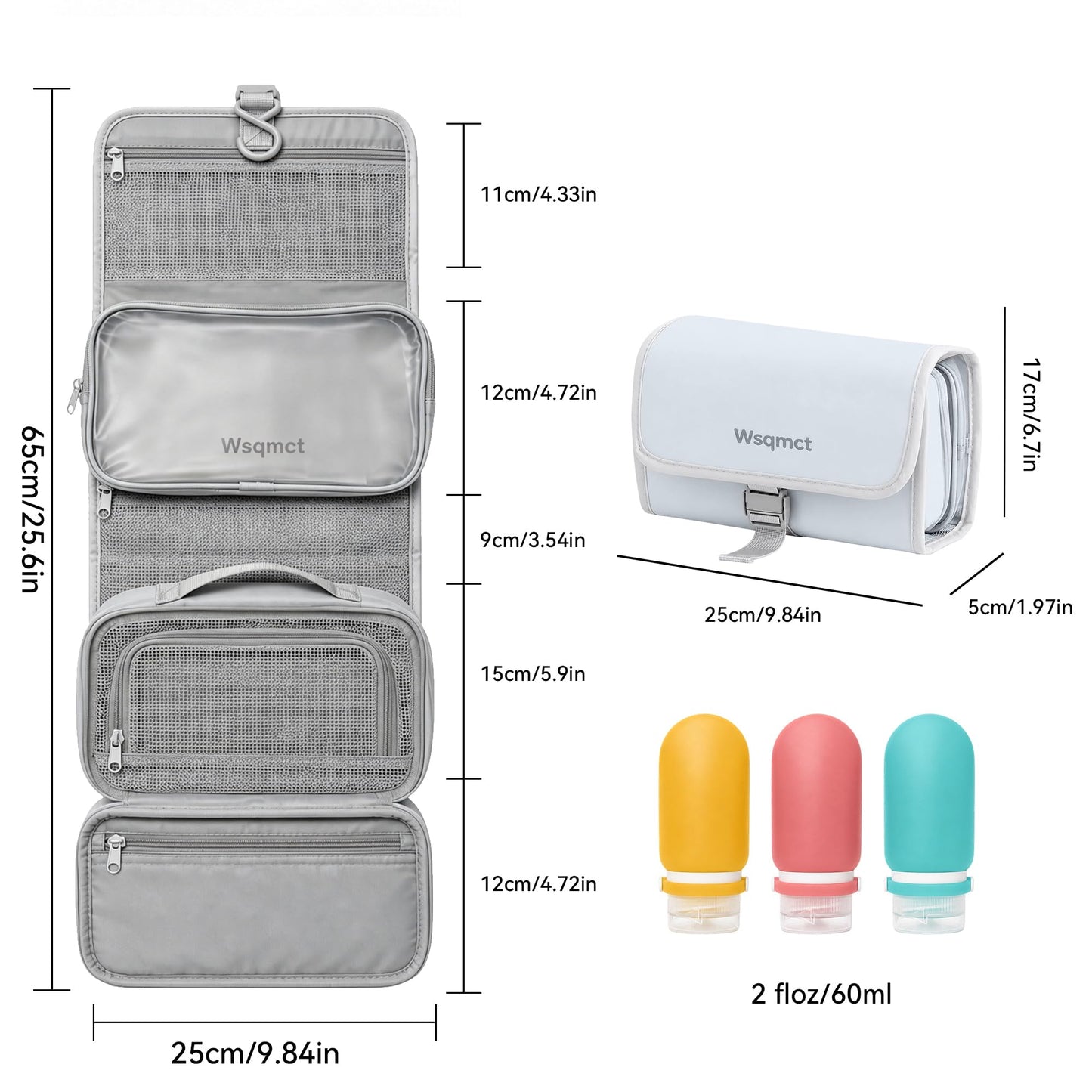 Wsqmct Hanging Travel Toiletry Bag, Waterproof Travel Bag for Toiletries Makeup Cosmetic Bag Organizer for Women Traveling Bathroom Shower, with 3 Silicone Travel Bottles, Blue