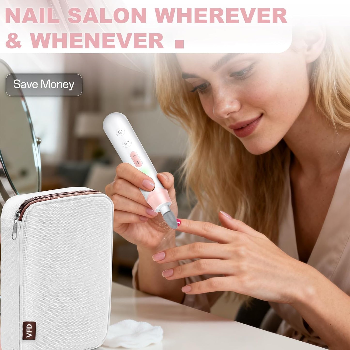 Electric Nail File Drill - Cordless 2000mAh Rechargeable Portable Nail Machine for Acrylic Manicure & Thick Toenails | Pink