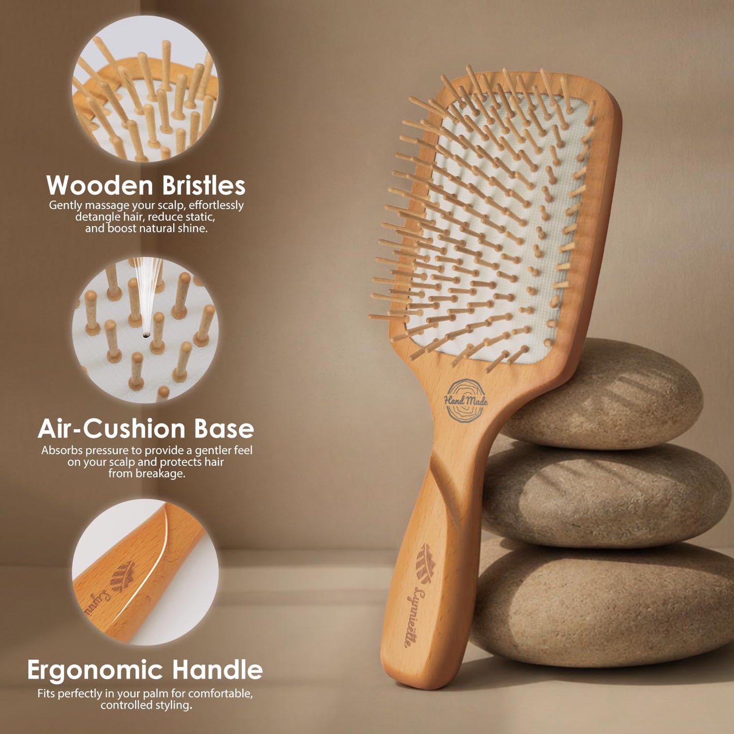 Wooden Bristle Hair Brush for Women & Men, Smoothing Hair Brush for Scalp Massage & Detangling, Wooden Brush that Reduces Static & Breakage for Thin, Thick, Fine, Curly Hair