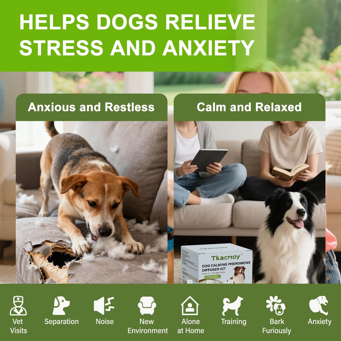 Tkacmoy Dog Calming Diffuser, 4-in-1 Pheromone Refills for Anxious Dogs, 120-Day Continuous Stress & Anxiety Relief for Barking, Chewing, Crate Training