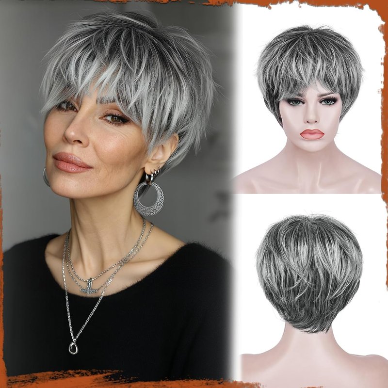 Pixie Cut Wig - Short Gray Synthetic Wig with Bangs | Heat Resistant, Natural Look for Daily Wear