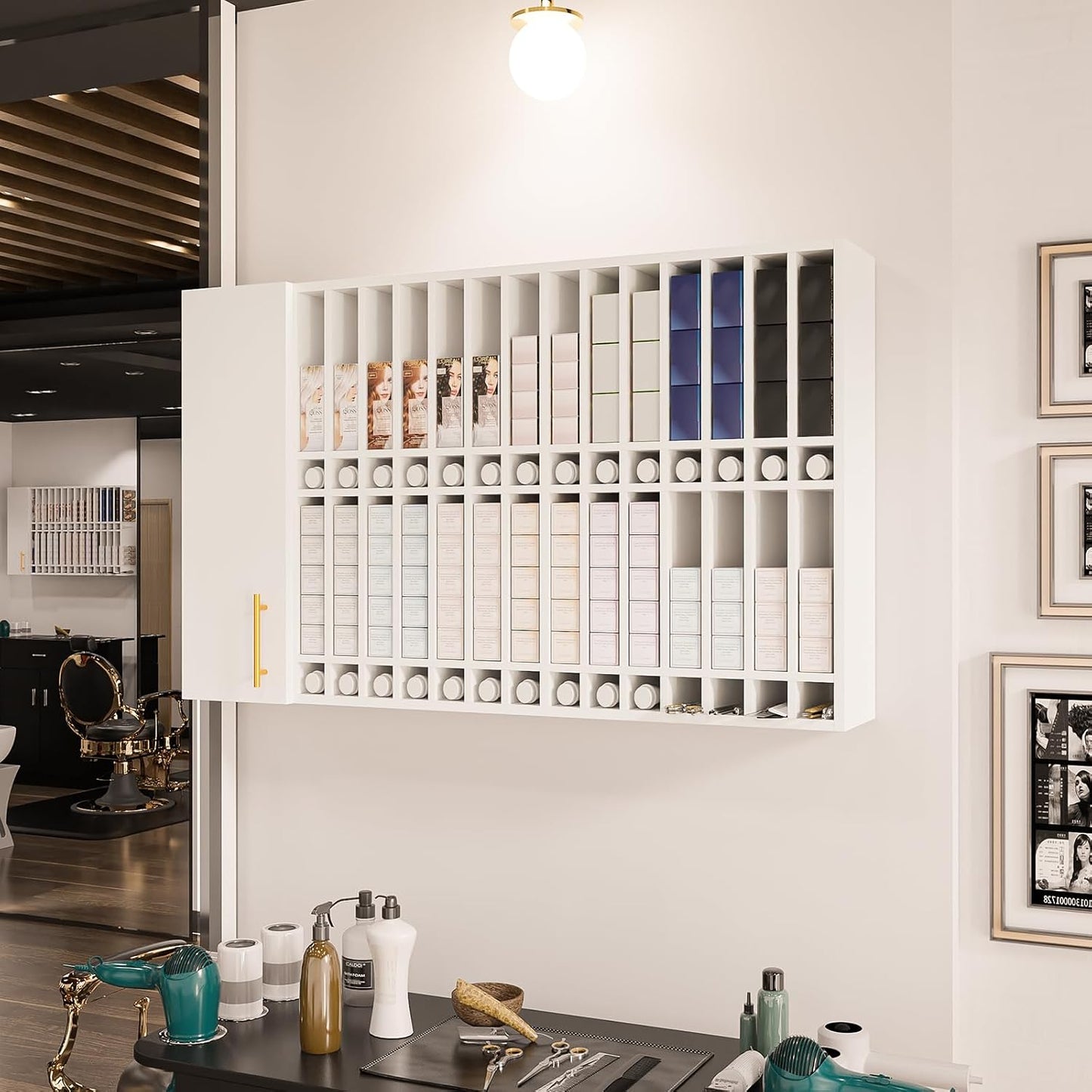 Wall Mounted Salon Station - Hair Color Rack Organizer with Adjustable Shelves | White