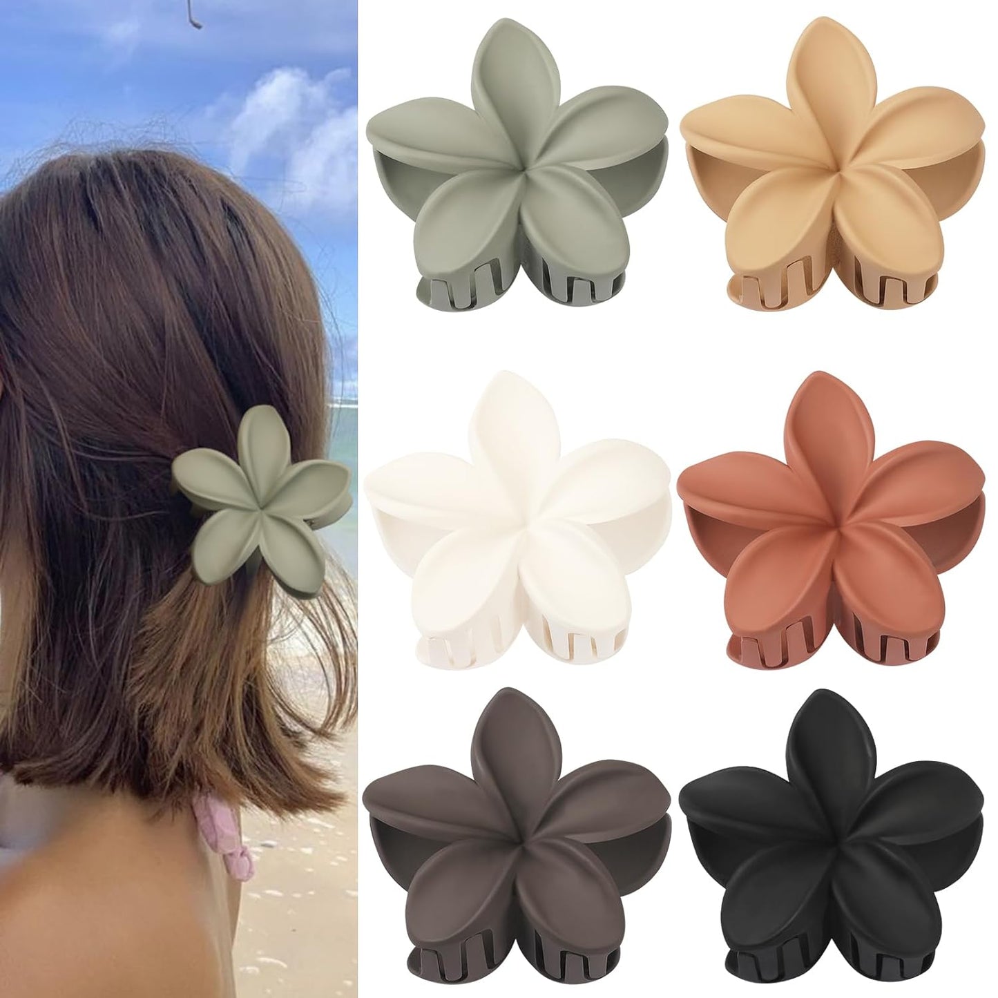Large Flower Claw Hair Clips - 6 Pcs Hawaiian Style for Thick & Medium Hair | Beach Accessories for Women & Girls