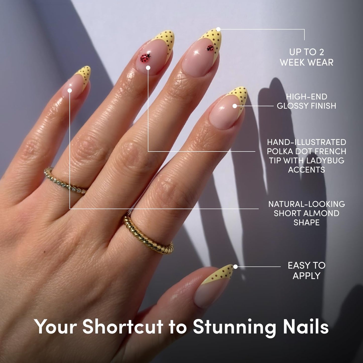 Glamnetic Short Almond Press-On Nails Bundle - Polka Dot French Tips & 3D Nail Art | Vacation Designs, 5 Styles