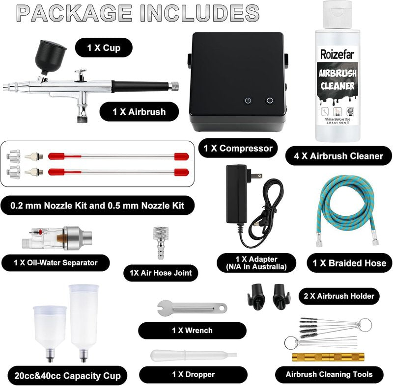 Airbrush Kit with Compressor - 55 PSI Non-Clogging Painting Set | 0.2/0.3/0.5mm Nozzles & Cleaner for Nail Art, Makeup, Modeling