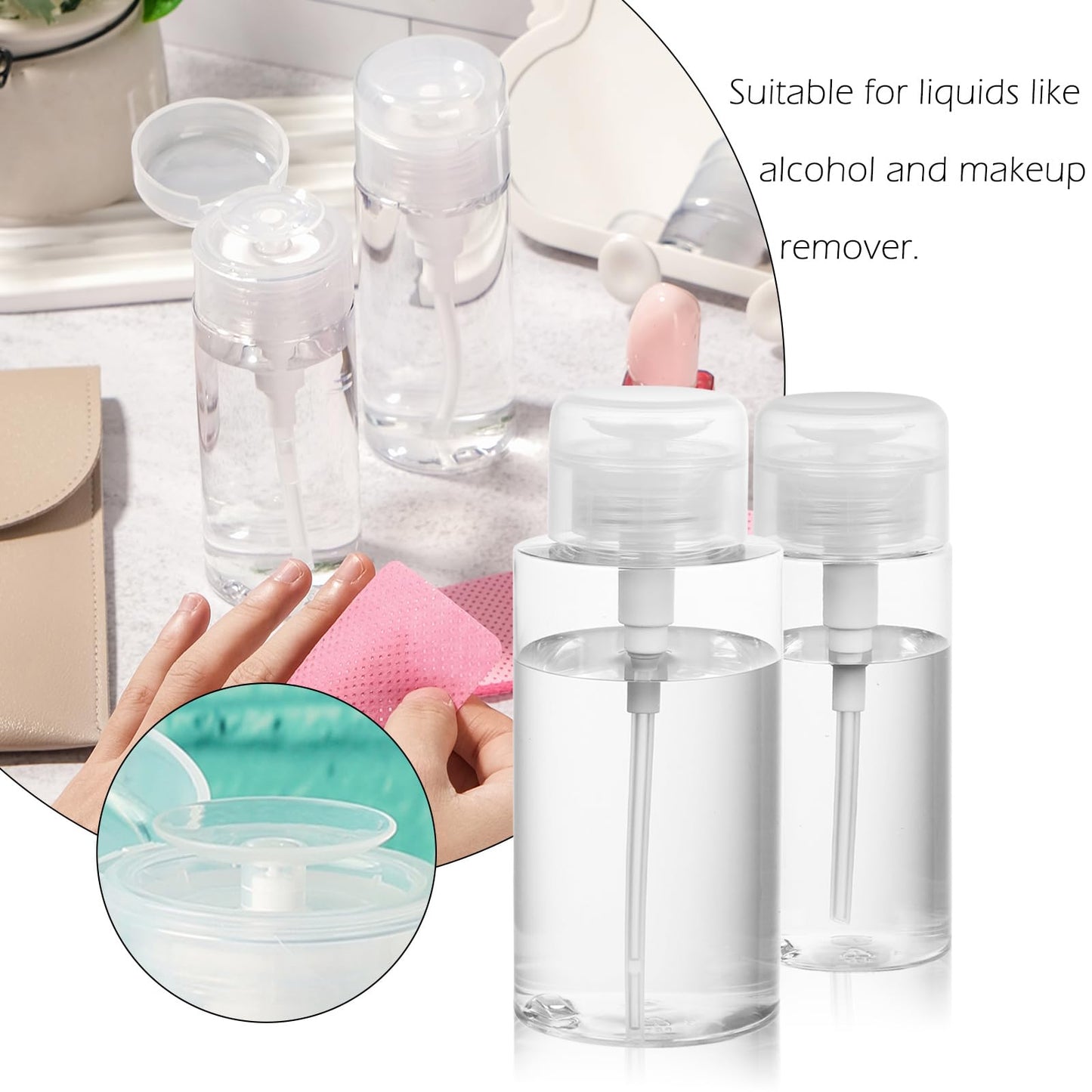 RAMFIYN 10oz Acetone Pump Dispenser 3 Pack Plastic Alcohol Push Down Dispenser with Labels Refillable Alcohol Pump Dispenser Bottle Empty Nail Polish Remover Bottle