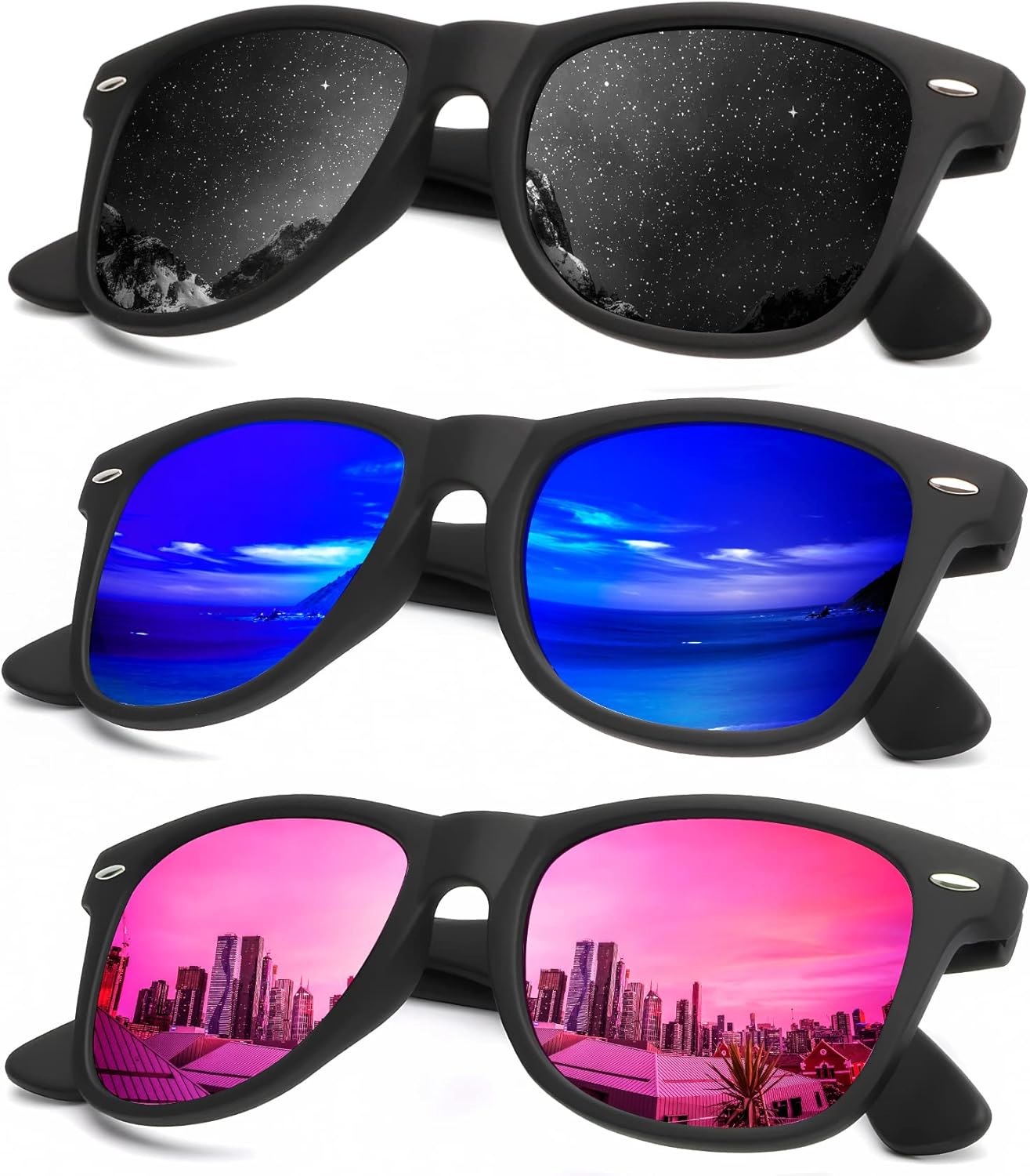 KALIYADI Polarized Sunglasses - Matte Finish, UV Blocking, Color Mirror Lenses | 3-Pack for Men & Women