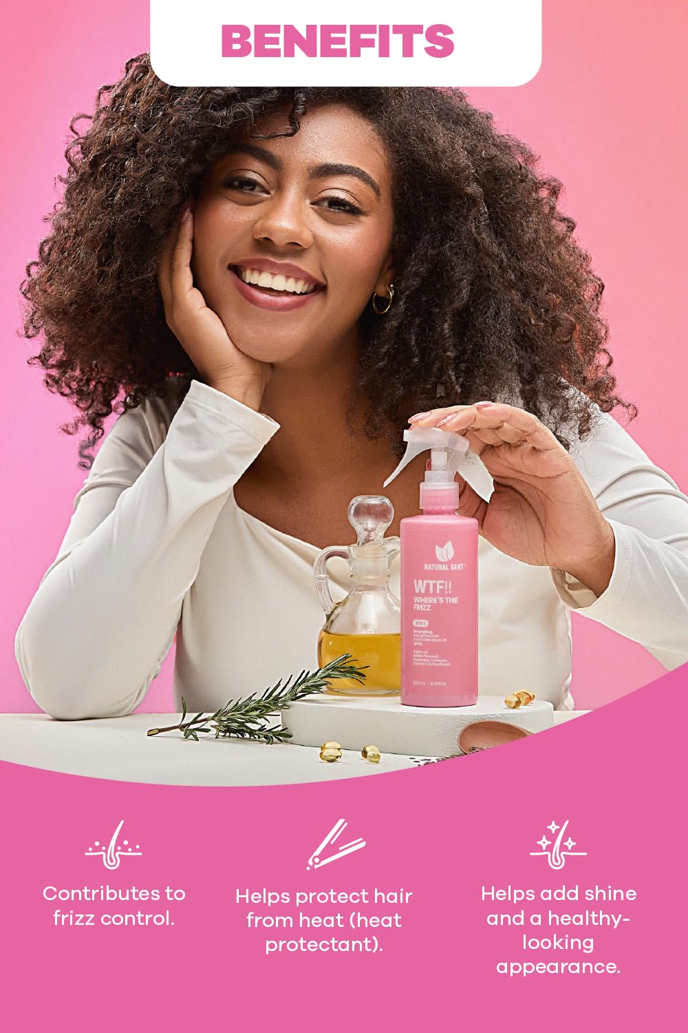 Where's the Frizz 3-in-1 Hair Mist - Heat Protectant, Detangler & Anti-Frizz Spray with Argan Oil, Collagen & Vitamin E - Lightweight Strengthening Leave-in Tonic for All Hair Types - 8 fl oz