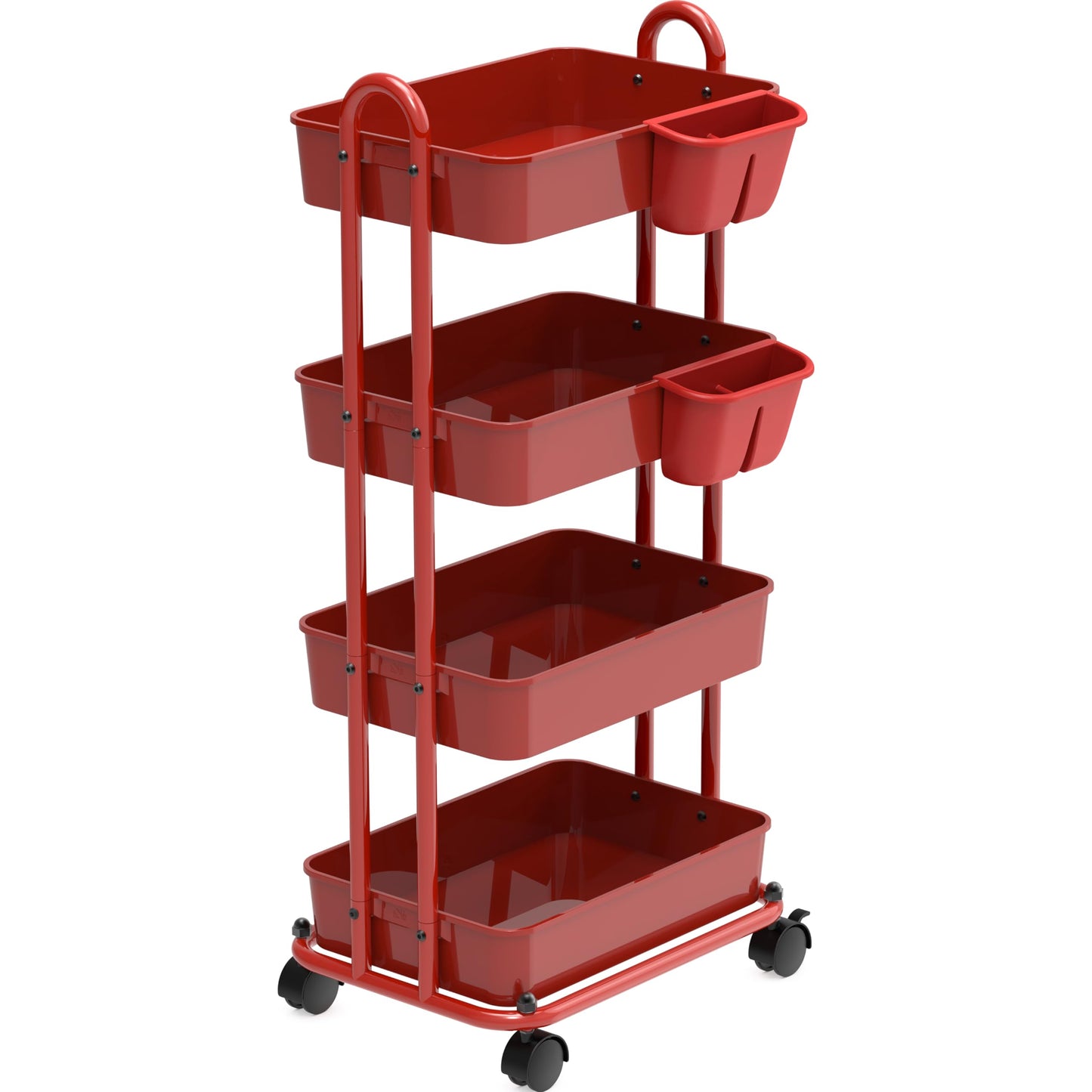 Simple Houseware 4-Tier Rolling Utility Cart with Hanging Bucket, Red