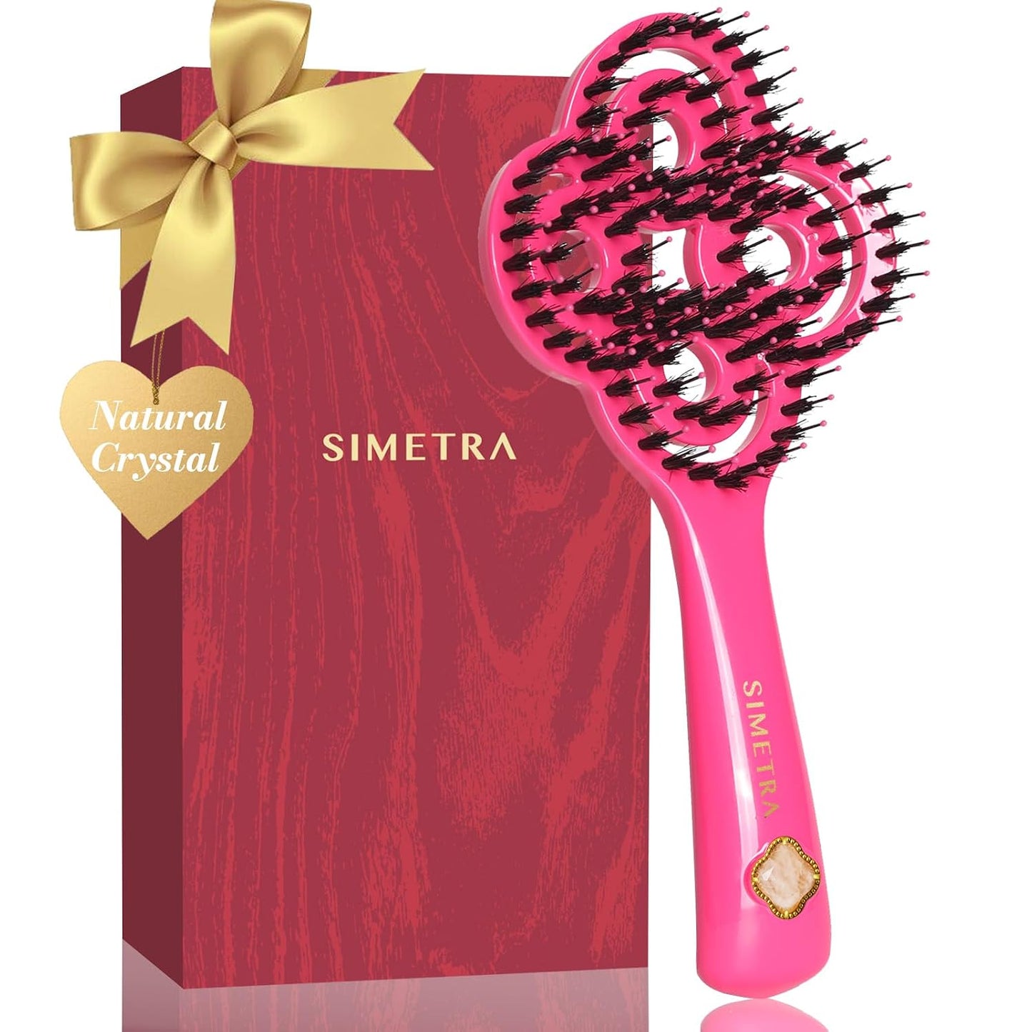SIMETRA Lucky Hair Brush - 14K Gold Plated Detangling Brush with Natural Crystal Inlay | Boar Bristle for All Hair Types