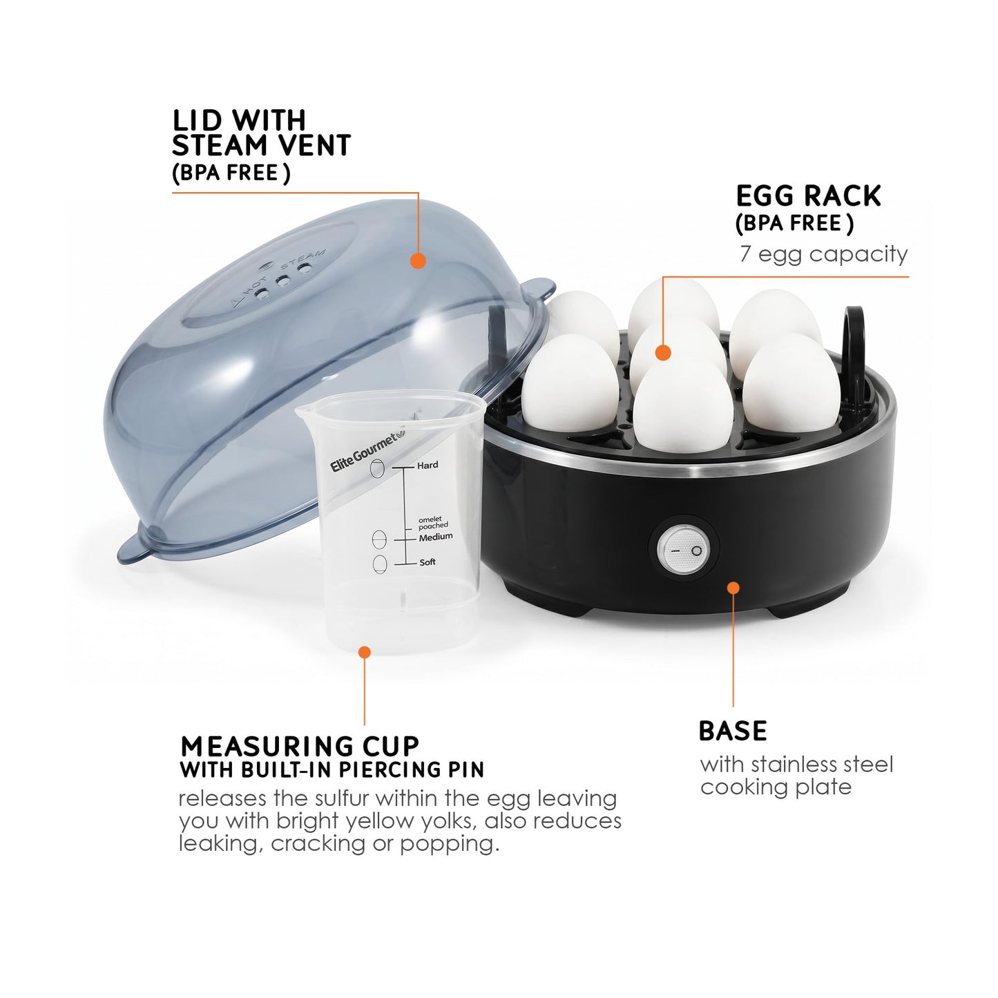 Elite Gourmet EGC115B Easy Egg Cooker Electric 7-Egg Capacity, Soft, Medium, Hard-Boiled Egg Cooker with Auto Shut-Off, Measuring Cup Included, BPA Free, Classic Black