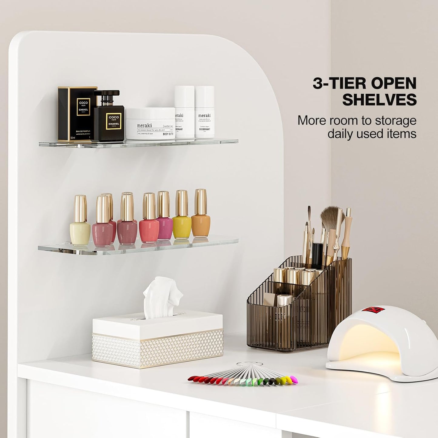 Foldable Nail Desk - Manicure Table Station with Dust Collector, 2 Shelves & Drawers | Portable Design with Lockable Wheels