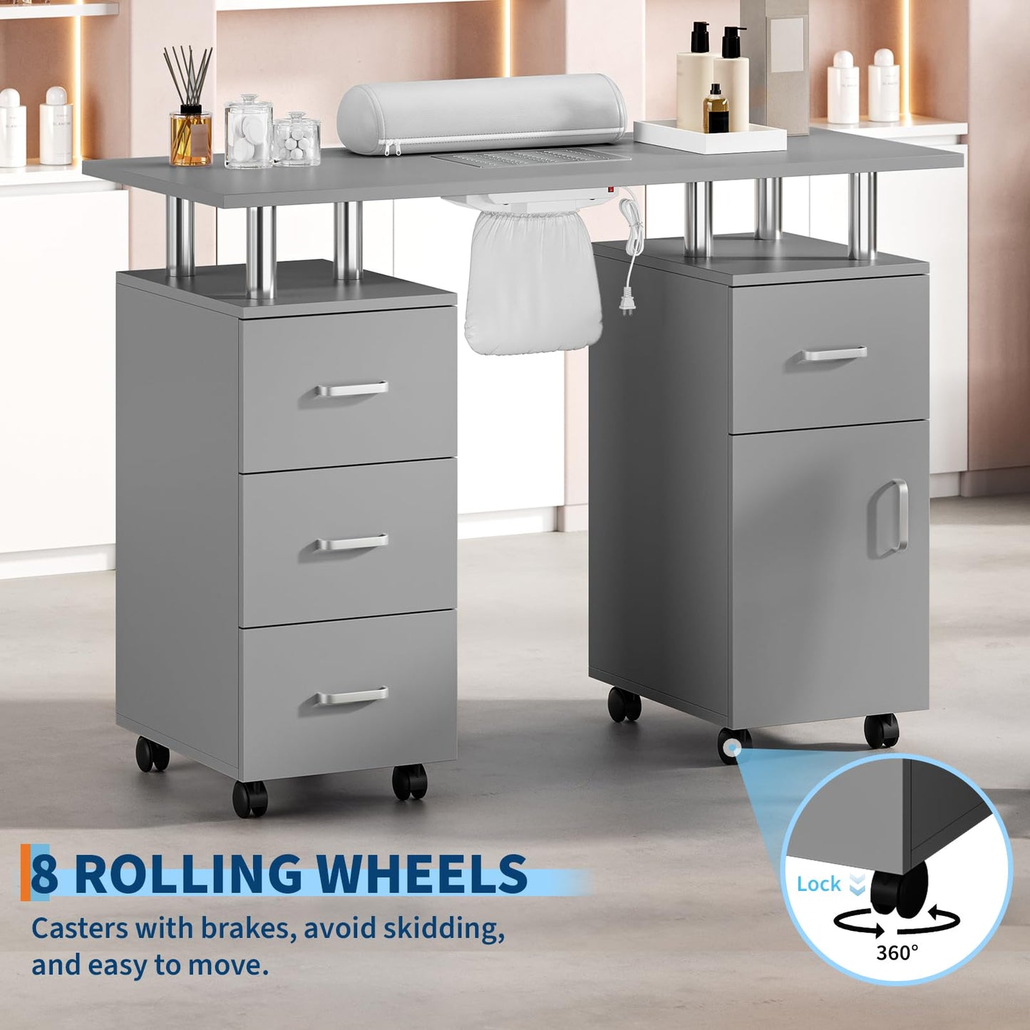 LEISULIF Mobile Manicure Table on Wheels, Portable Nail Desk with Storage - Pro Manicure Station with Dust Collector & Wrist Cushion, 4 Drawers Cabinet, Lockable Wheels for Salon Home - Grey