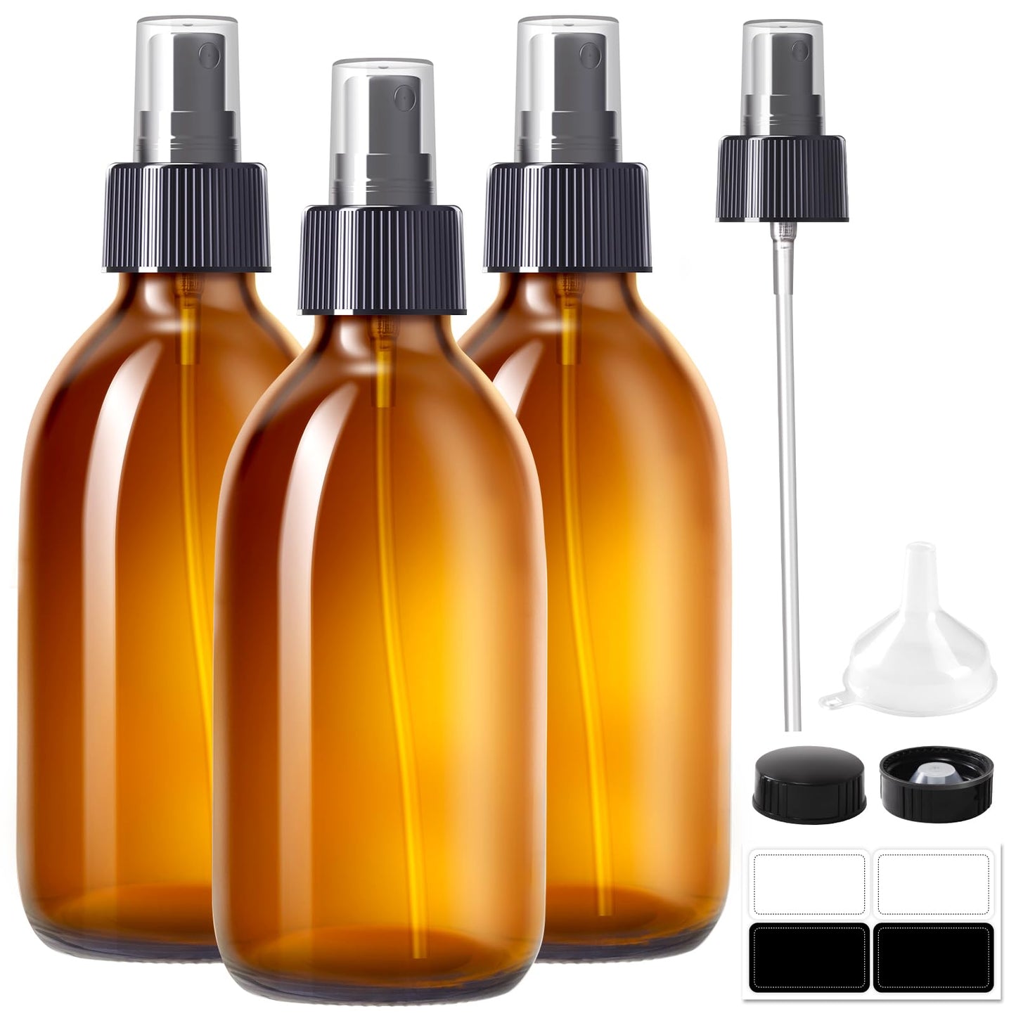 Tecohouse Amber Glass Spray Bottles 8.8 oz, 3 Pack Empty Spray Bottle for Essential Oils, Small Glass Bottles for Cleaning Solutions, Plants, Hair with Durable Nozzle, Labels, Funnel