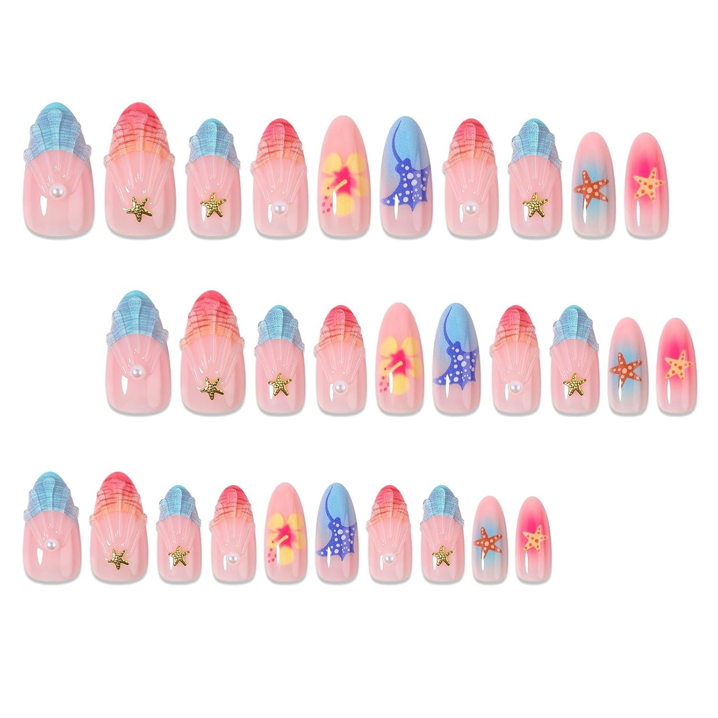 Colorful Summer Press-On Nails - Medium Almond Blue Ocean & Fish Designs | 30PCS Glossy Beach Nails for Women