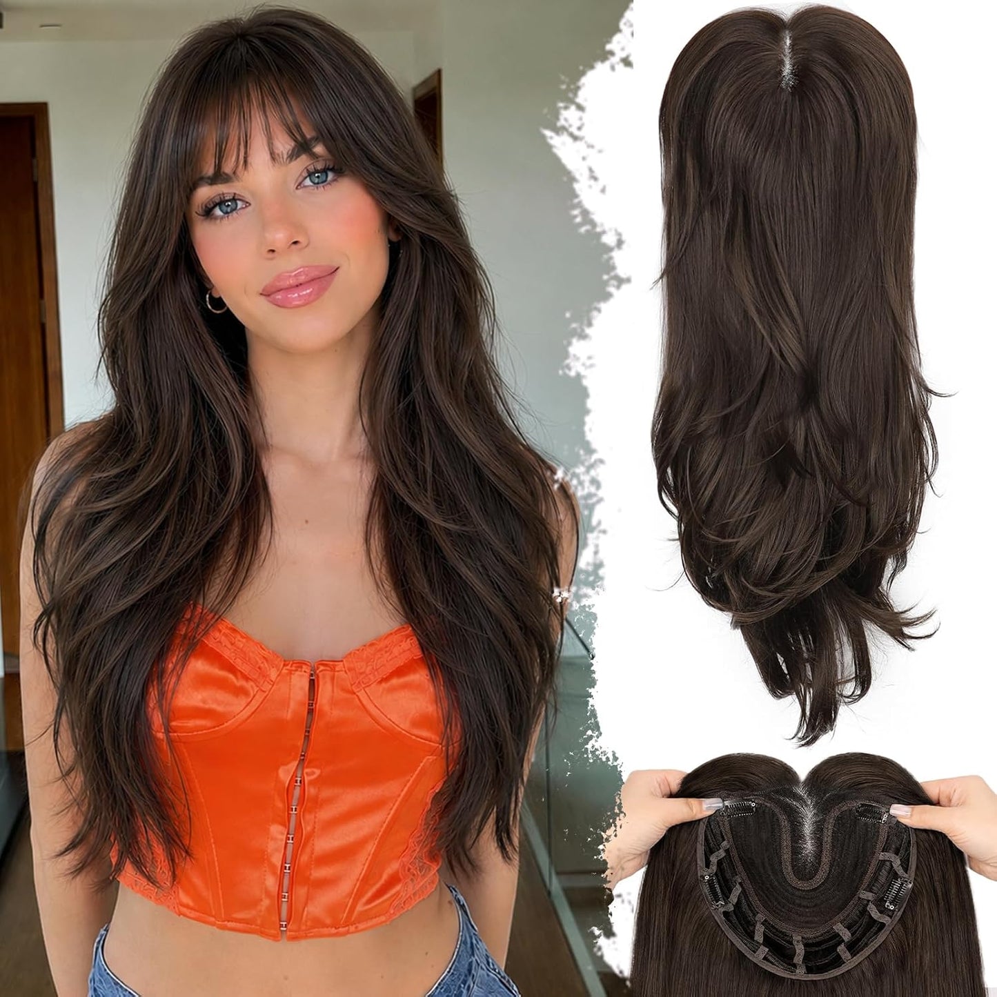 Hair Toppers for Women - 26-Inch 3D 360° Coverage Black Brown Long Straight Clip-In Synthetic Hair with Bangs