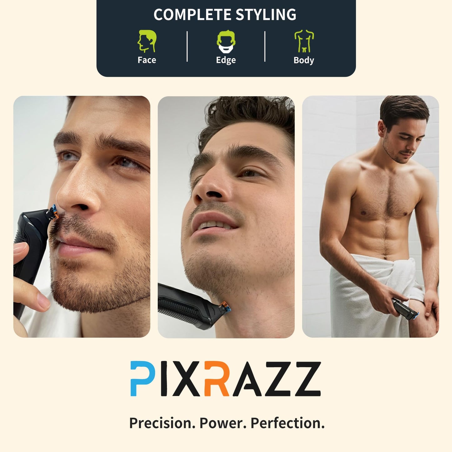 PIXRAZZ Body Hair Trimmer for Men – Painless Ball Shaver & Groin Trimmer for Pubic Hair, Body, and Sensitive Skin – USB-C Cordless Groomer & Razor Kit with 3 Guide Combs