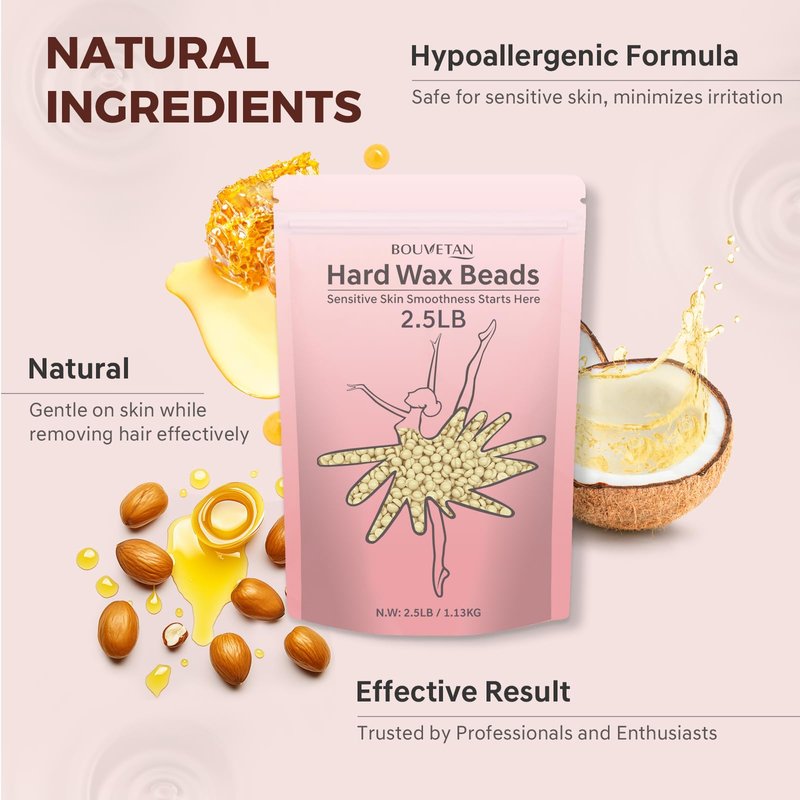Hard Wax Beads, Bouvetan 2.5lb Wax Beans for Hair Removal, Sensitive Skin, Ideal Hair Removal Waxing Beads for Bikini, Legs, Eyebrow, Facial, Brazilian, Full Body
