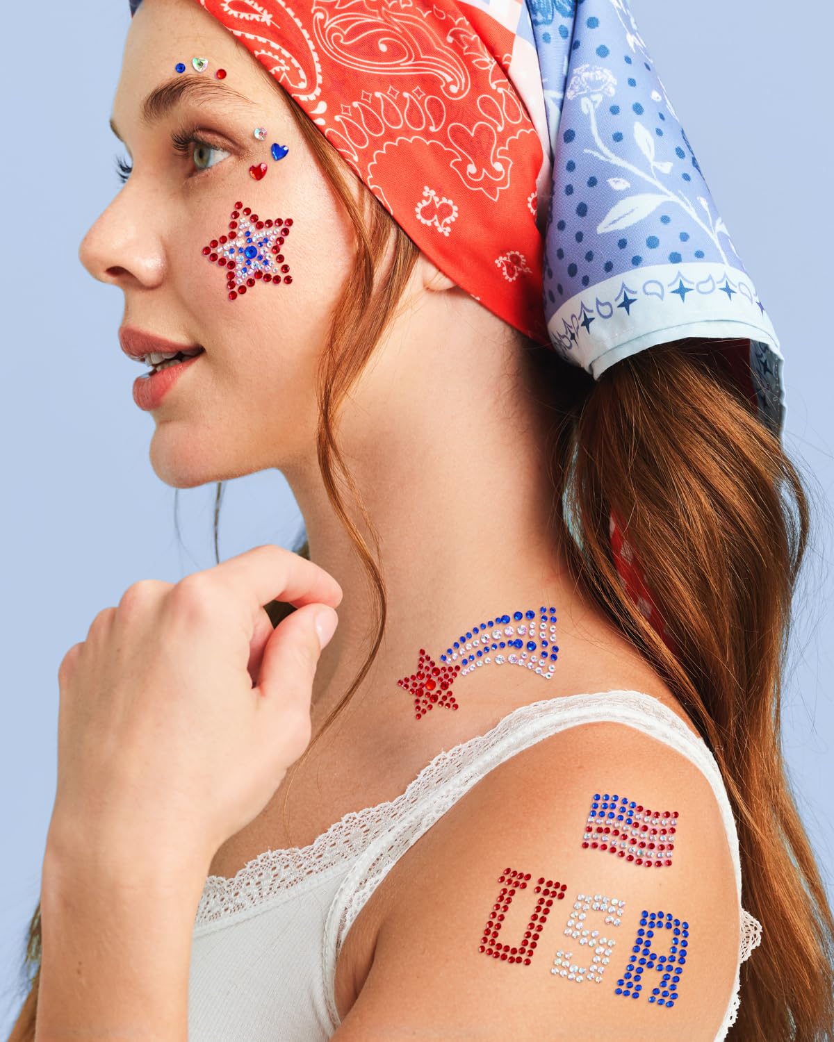 xo, Fetti USA Face Gems - 33 Sticker Gems | Fourth Of July, Patriotic Party, Red White Blue, Independence Day, Festival, Stars, Sparkly