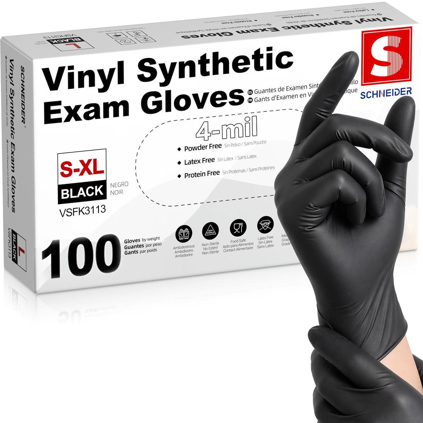 Schneider Black Vinyl Synthetic Exam Gloves, 4 Mil, Large, Disposable Gloves Latex-Free, Plastic for Medical, Cooking, Cleaning, and Food Prep, Surgical Powder-Free, Non-Sterile, 100-ct Box (L)