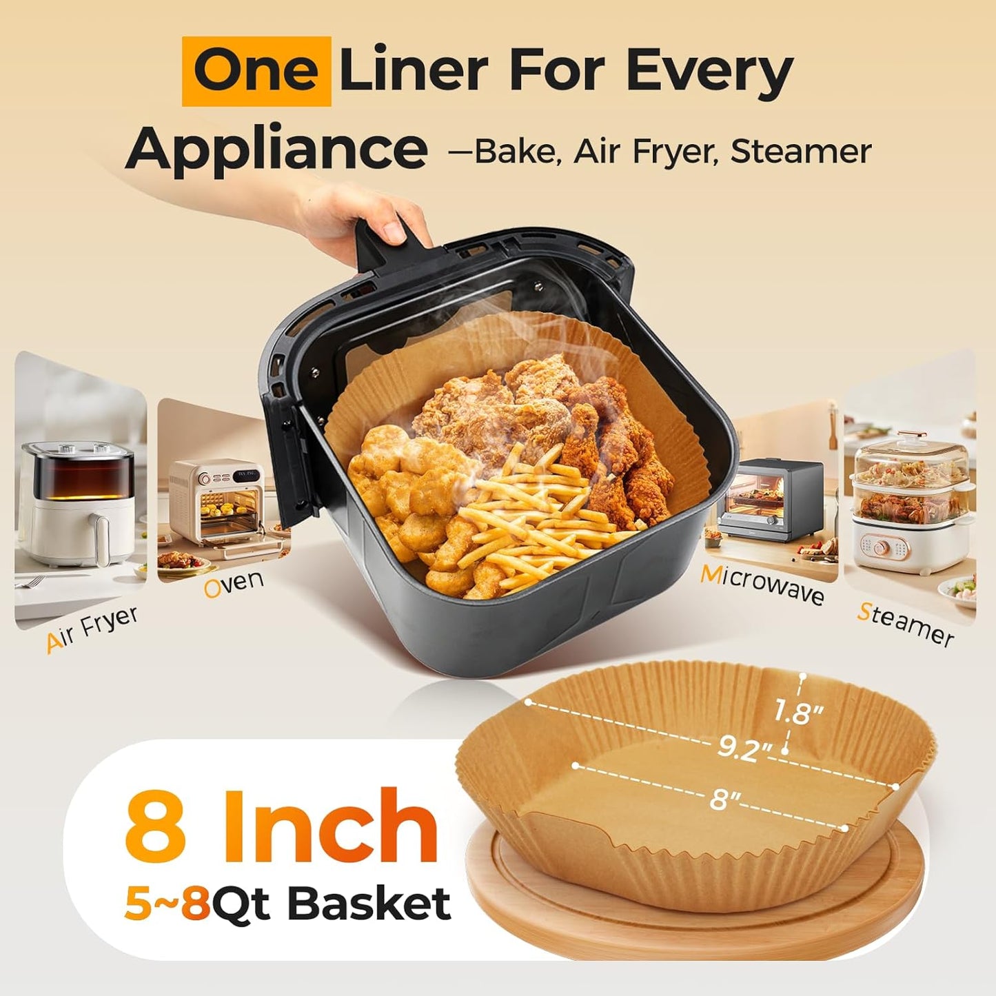Air Fryer Paper Liners - 125 Pcs Non-Stick Parchment Paper for Microwave | 8-Inch Square, Bleach-Free