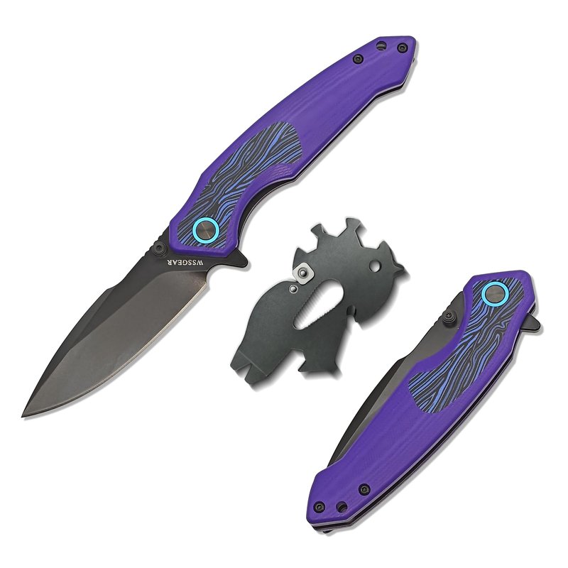 WSSGEAR D2 Steel Folding Pocket Knife with Side Lock - 4.64” Purple G10 Handle, Blue Damascus Inlay, Black Titanium Coated EDC Blade, Bonus Emergency Pocket Wire Saw