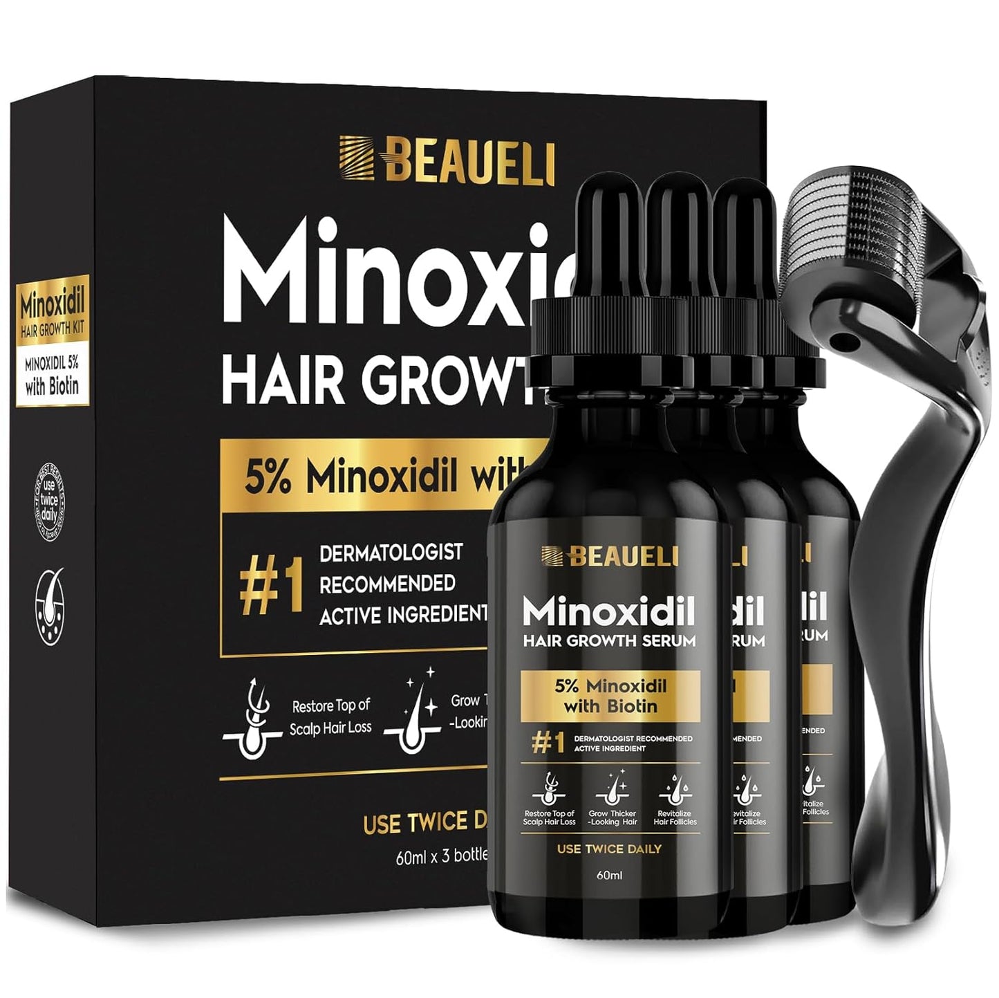 Minoxidil Beard Growth Kit for Men & Women - Hair Regrowth Treatment 5% | Black
