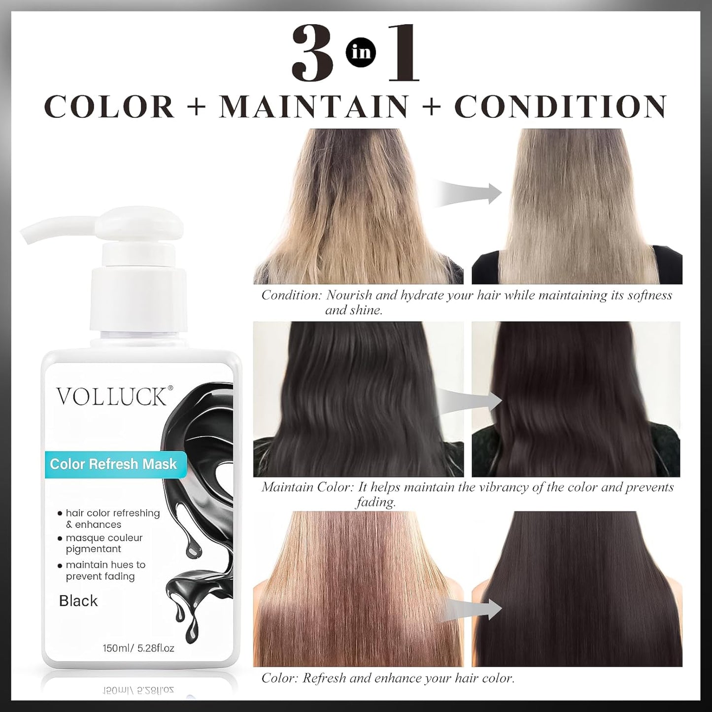 Color Depositing Conditioner - 3-in-1 Cruelty-Free Hair Mask for Shine & Softness | Non-Foaming, Black, 5.28 Fl Oz