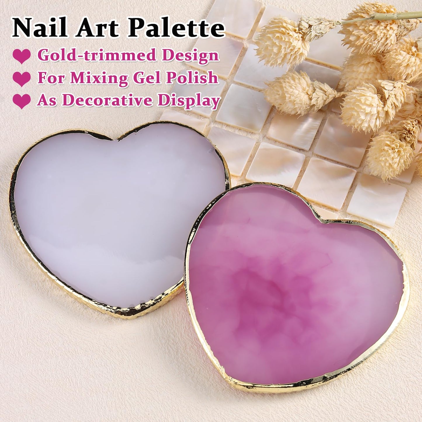 2 Pcs Resin Nail Art Palette, Heart Shaped Nails Art Painting Palettes with Gold Edge Nail Gel Polish Holder Makeup Display Board Cosmetic Mixing Tools Manicure DIY Home Salon Use