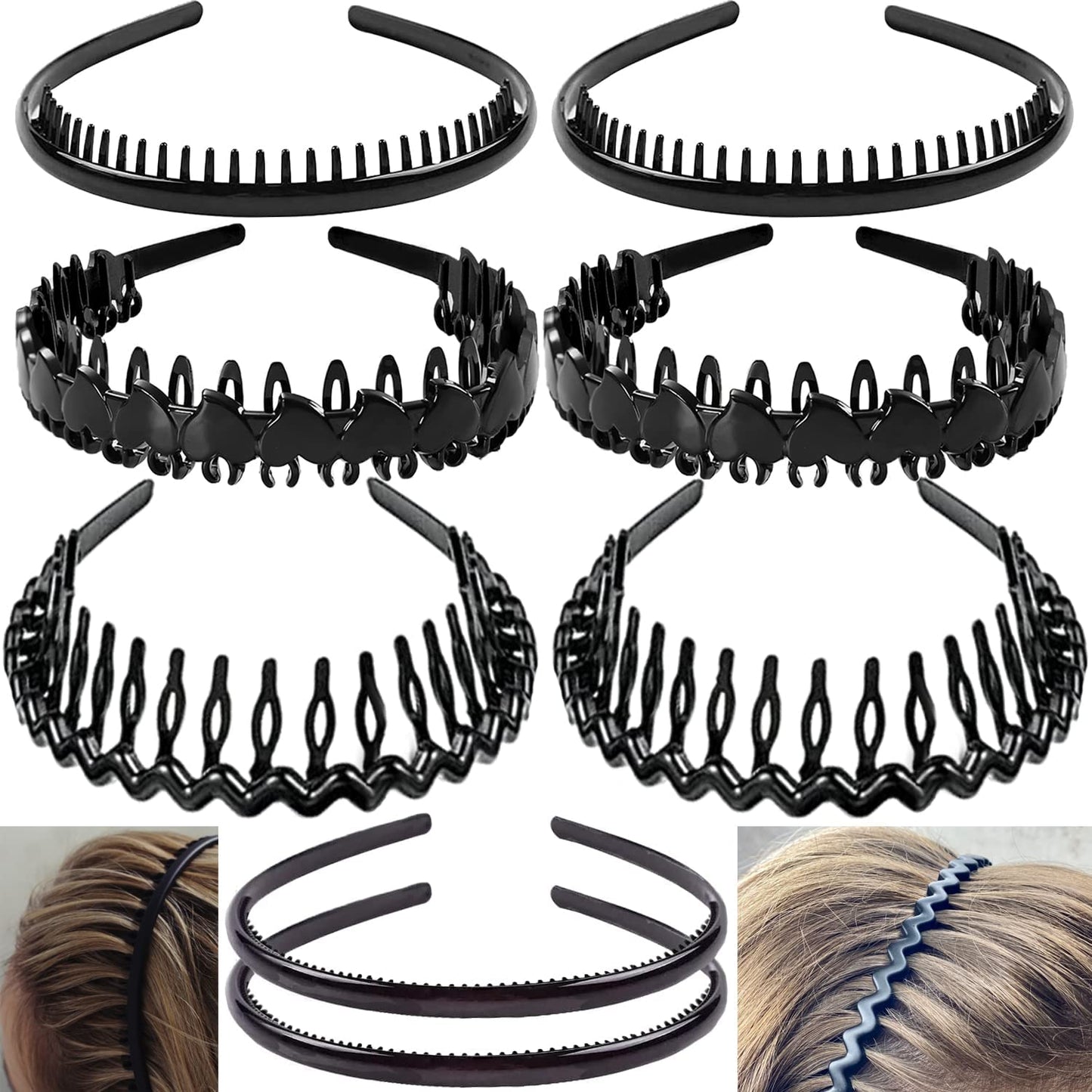 Effortless Black Plastic Headbands - 8 PCS No-Slip Hair Accessories for Women, Men & Teens